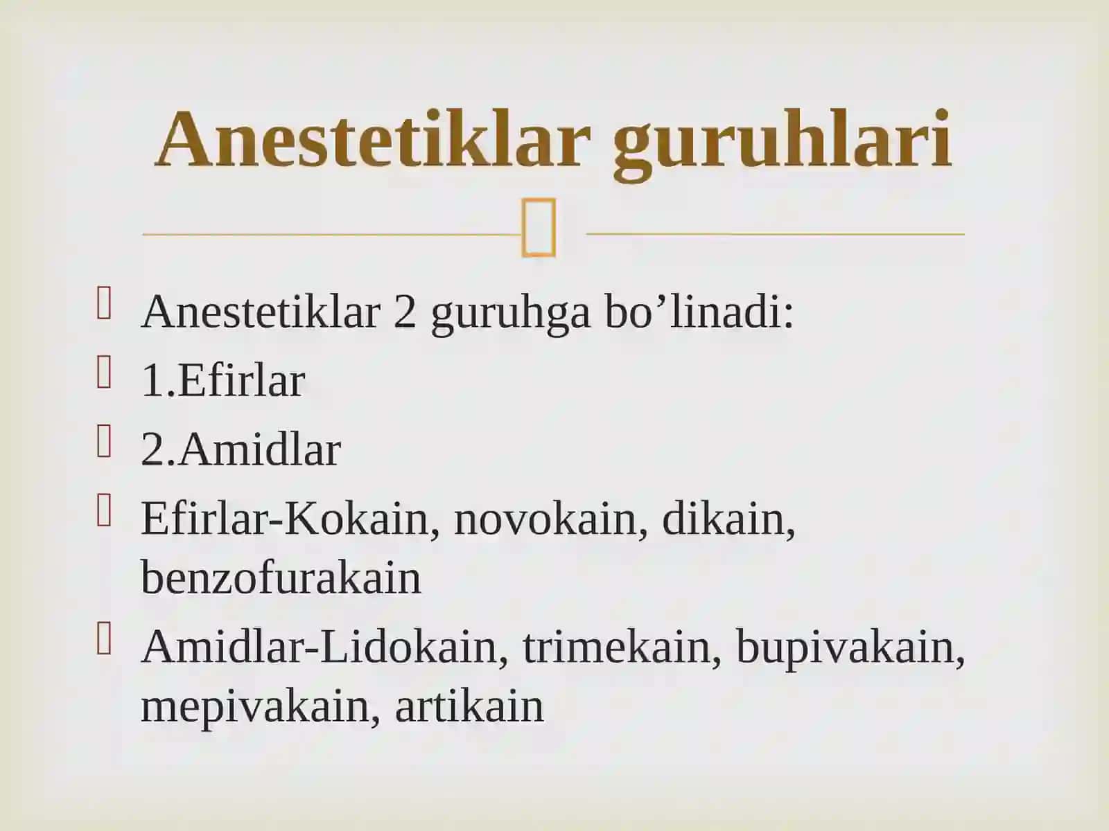 Terapevtik stomatologiyada qo’llaniluvchi anestetiklar. Terapevtik stomatologiyada og’riqsizlantirish. Usullar va o’tkazish texnikasi. 2
