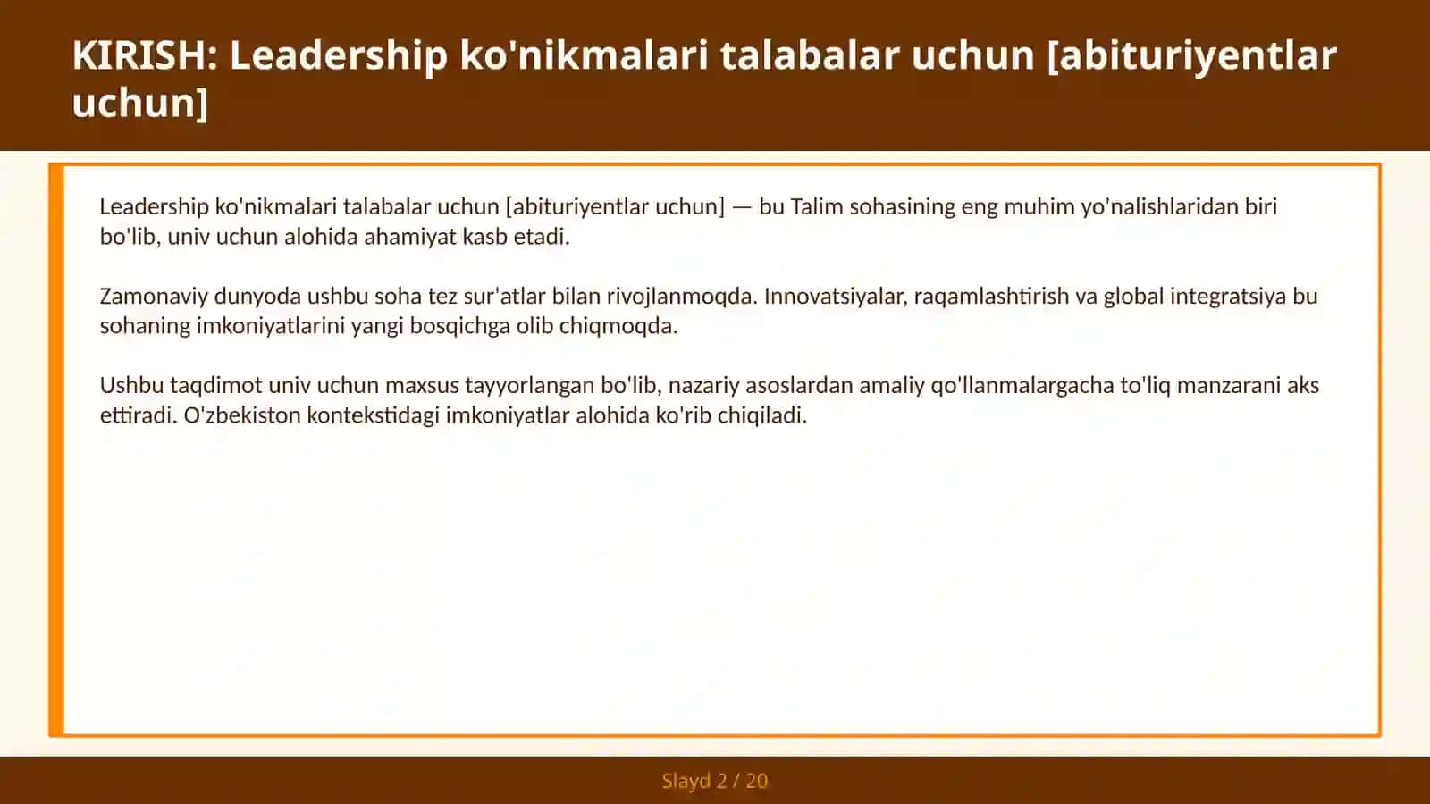 Leadership ko'nikmalari talabalar uchun [abituriyentlar uchun] 2