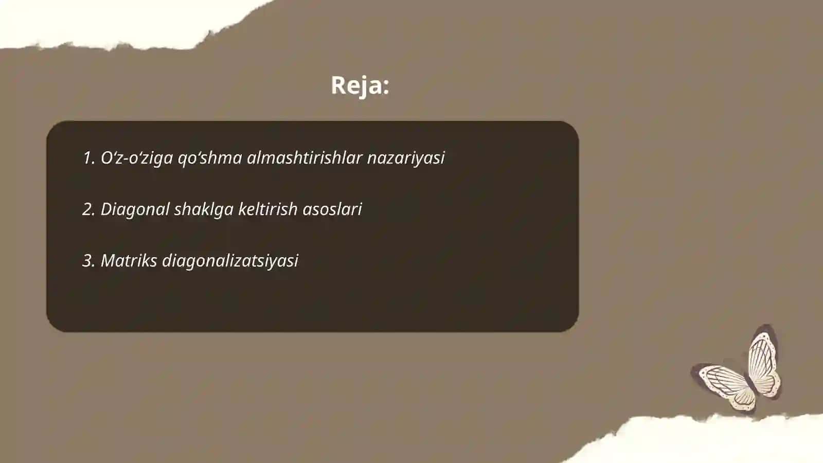 Oʻz-oʻziga qoʻshma almashtirishlarni diagonal shaklga keltirish 2