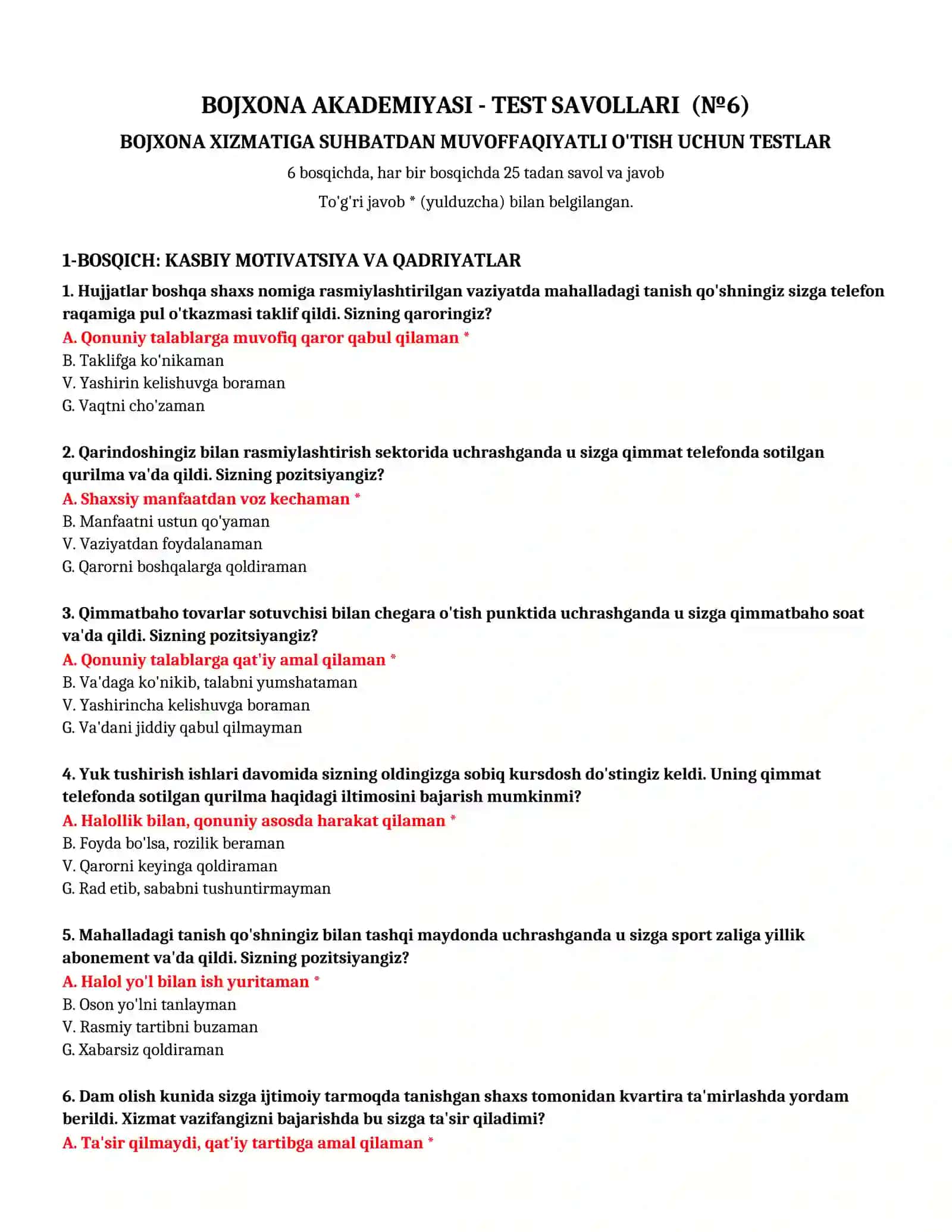 BOJXONA AKADEMIYASI - TEST SAVOLLARI (№6) 2