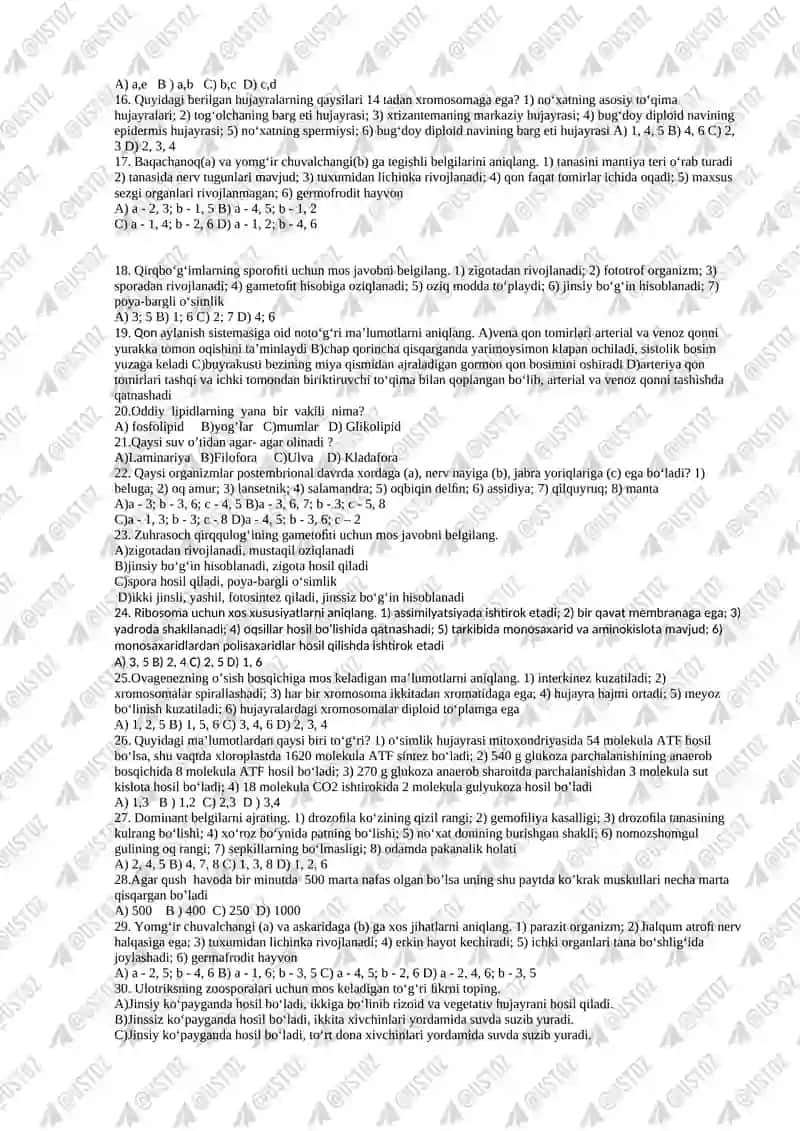 9-SINF BIOLOGIYA FANIDAN MAKTAB BOSQICH OLIMPIADA SAVOLLARI 2