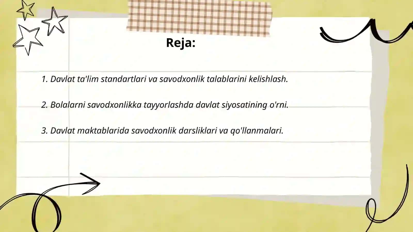 Davlat ta'lim standartlari va savodxonlik talablarini kelishlash 2