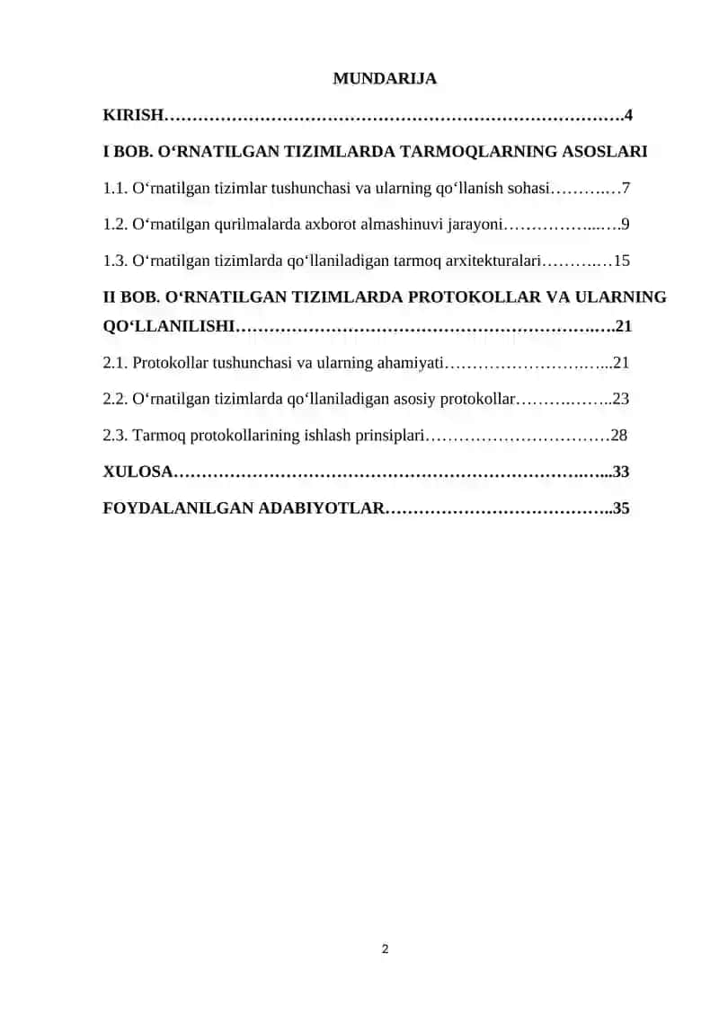 O’RNATILGAN TIZIMLARDA TARMOQLAR VA PROTOKOLLAR 2