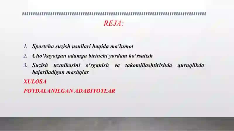 SUZISH TEXNIKASINI O'RGANISH VA TAKOMILLASHTIRISHDA QURUQLIKDA BAJARILADIGAN MASHQLAR. CHO'KAYOTGAN ODAMGA BIRINCHI YORDAM KO'RSATISH. SPORTCHA SUZISH USULLARI HAQIDA MA'LUMOT 2