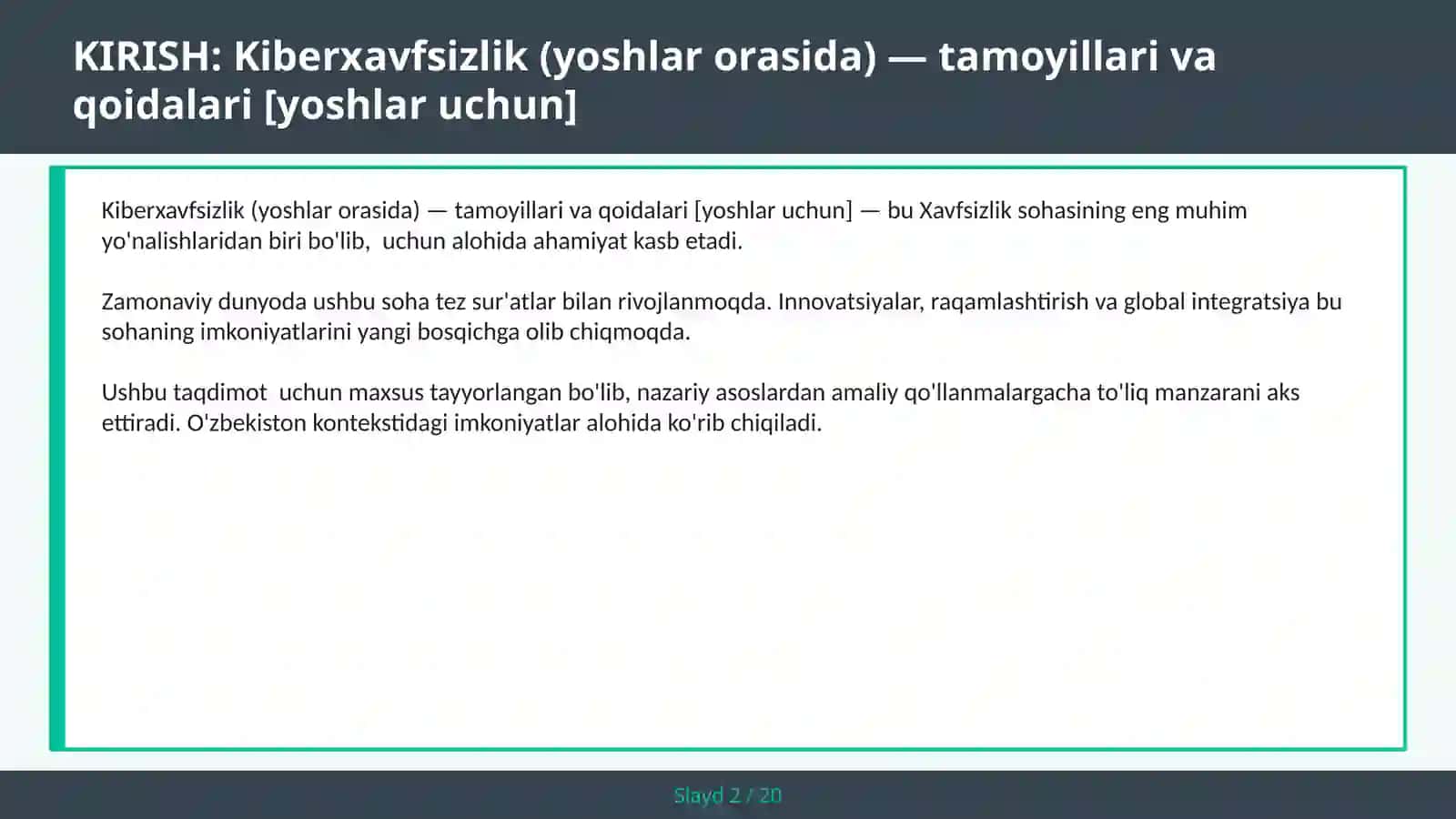 KIBERXAVFSIZLIK (YOSHLAR ORASIDA) — TAMOYILLARI VA QOIDALARI [YOSHLAR UCHUN] 2