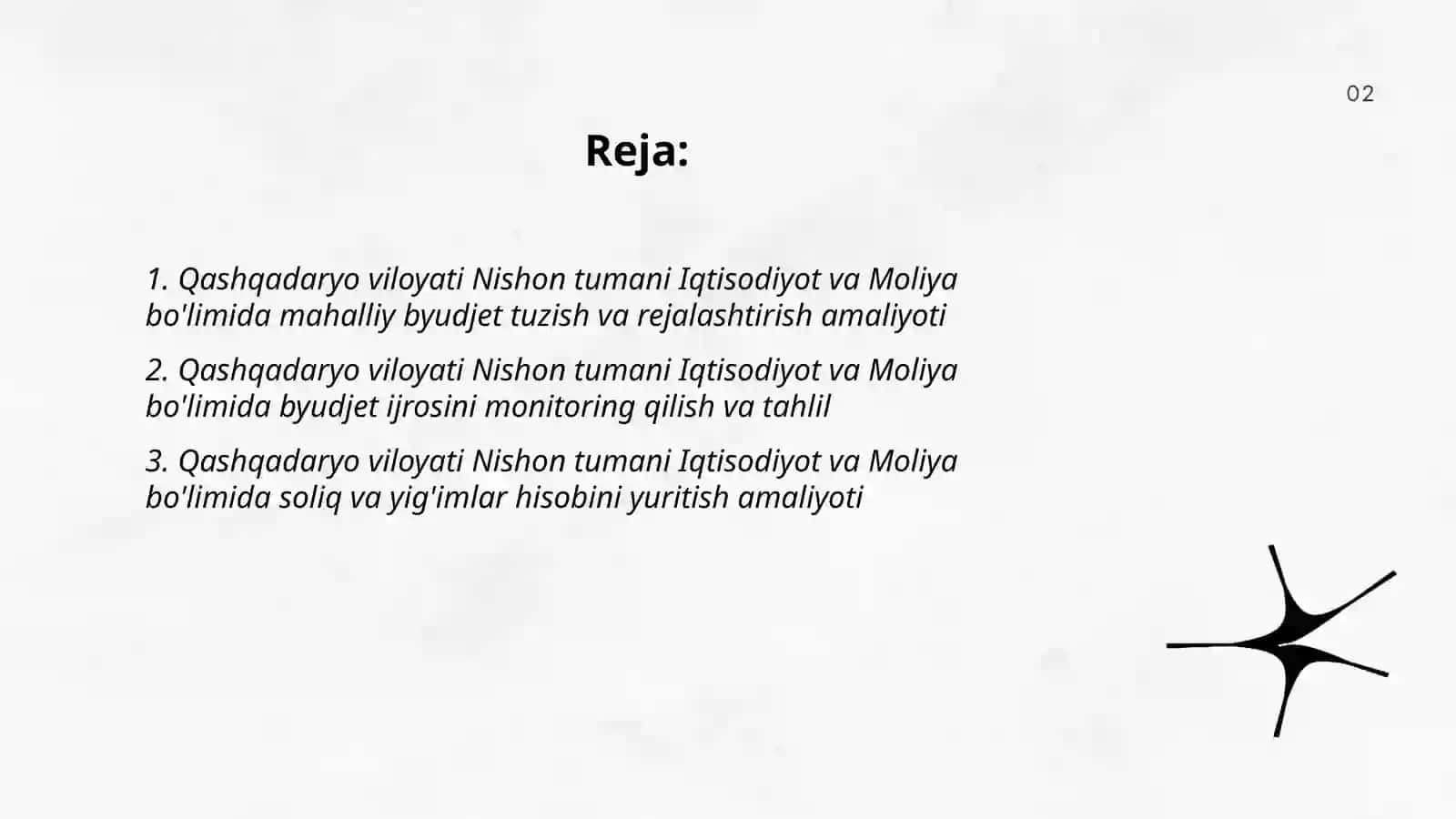Qashqadaryo vilayati Nishon tumani iqtisodiyot va Molya bo'limiga piraktika amalyot tayyorlash kerak 2