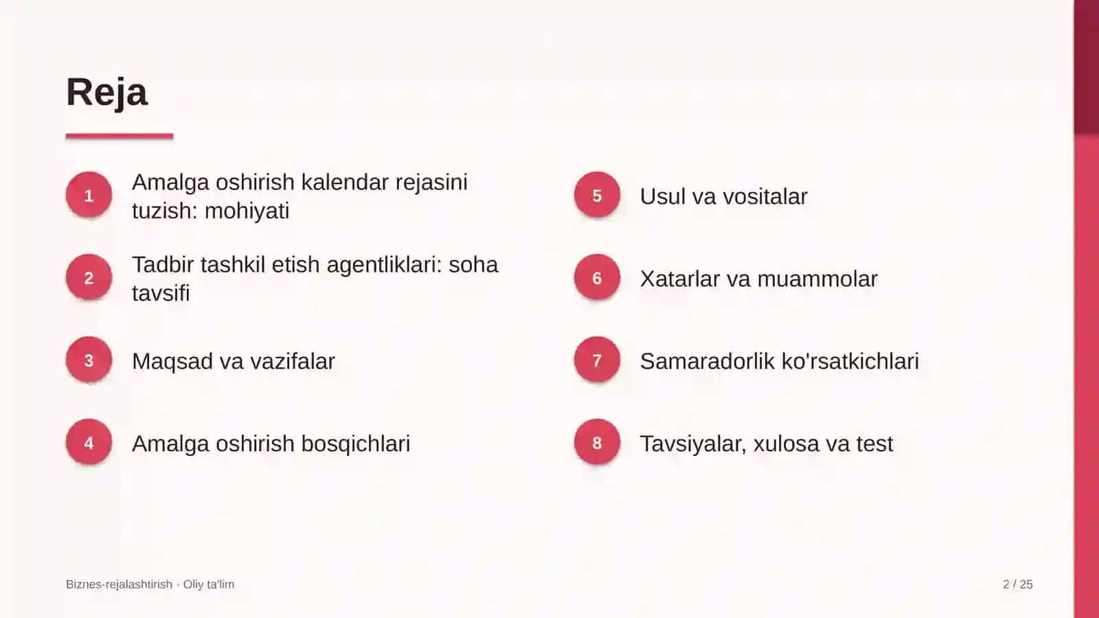 tadbirlarni tashkil etish agentliklarida amalga oshirish kalendar rejasini tuzish 9175 2
