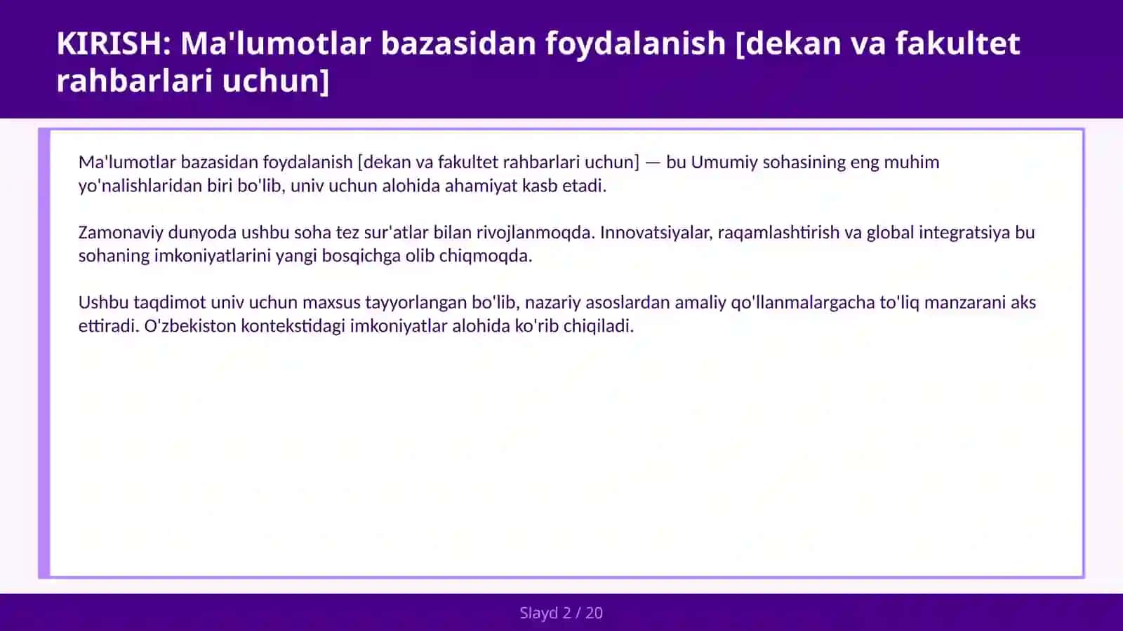 Ma'lumotlar bazasidan foydalanish [dekan va fakultet rahbarlari uchun] 2