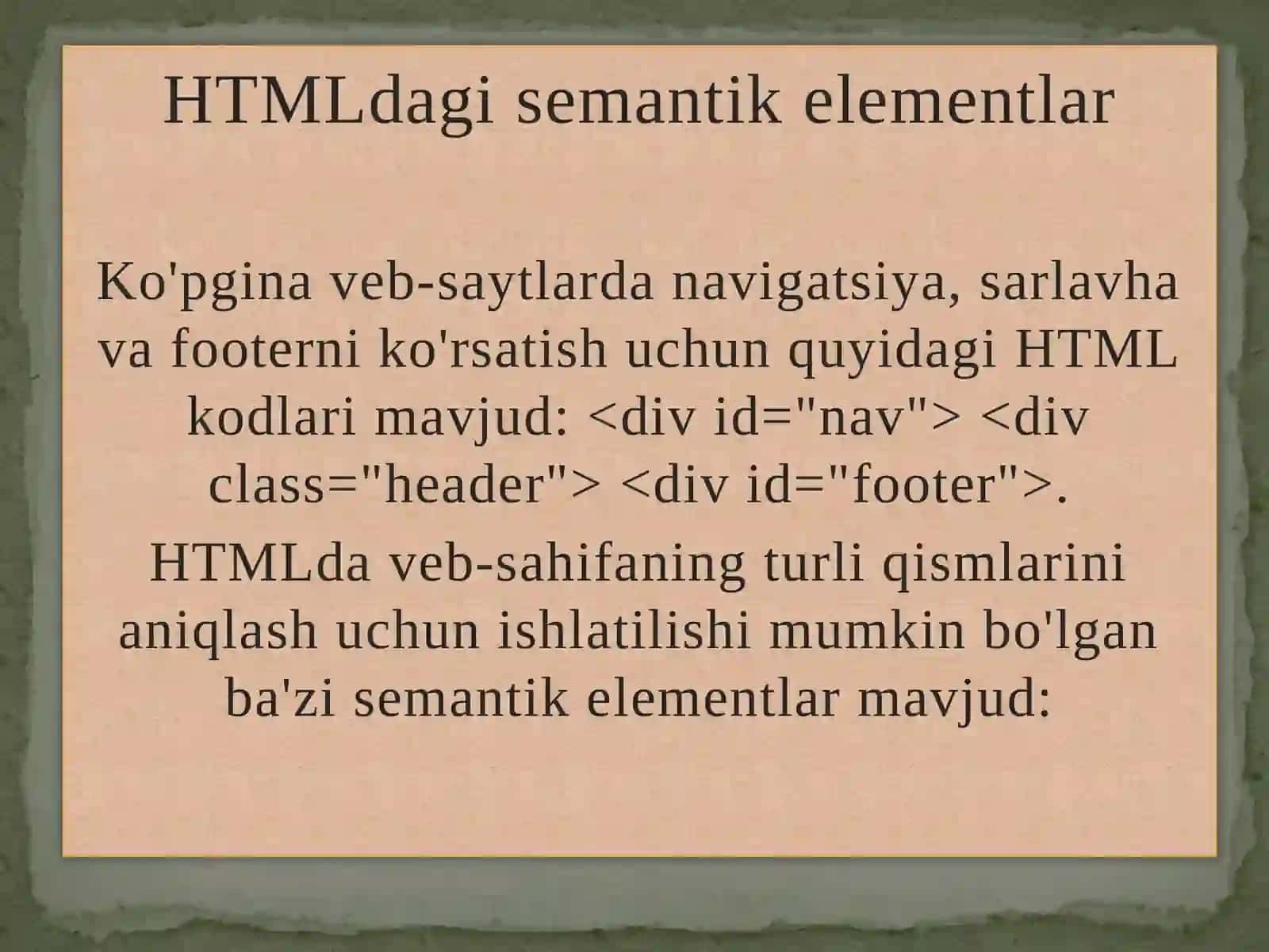 HTML elementlari bo'yicha tezkor sayohat, HTML5 semantik tuzilma elementlari 2