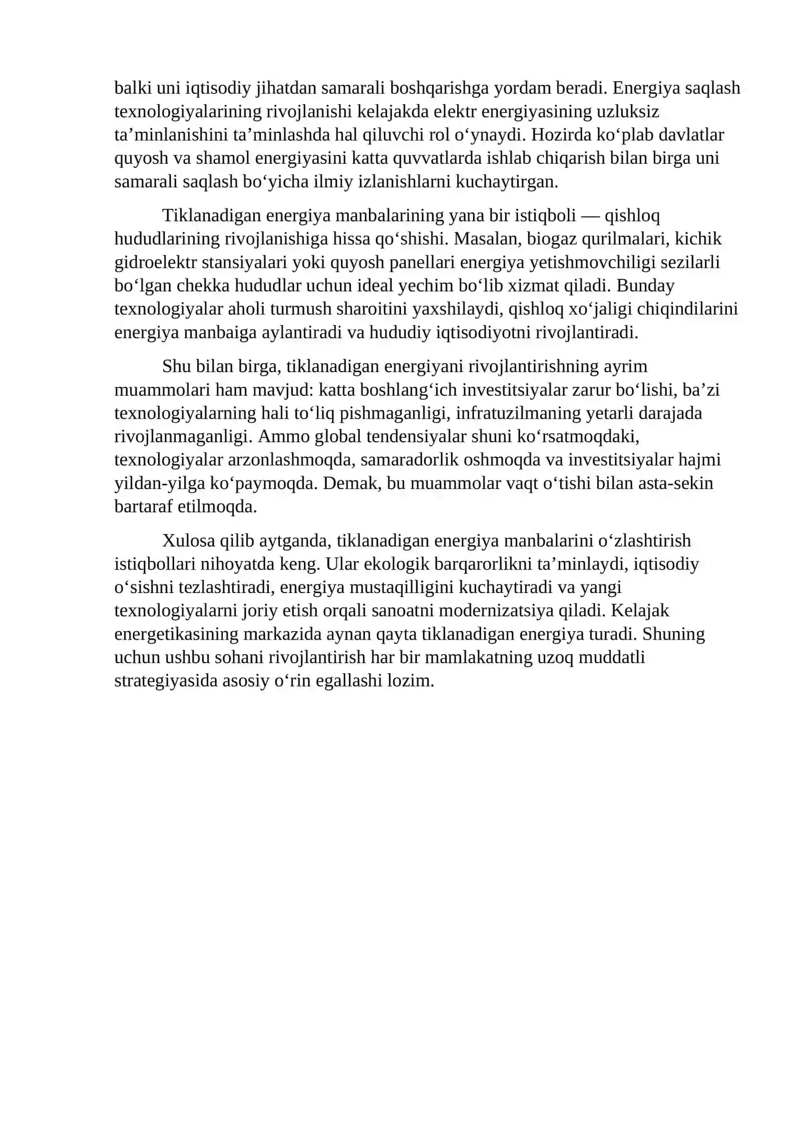 Tiklanadigan energiya manbalarini o‘zlashtirish istiqbollari 2