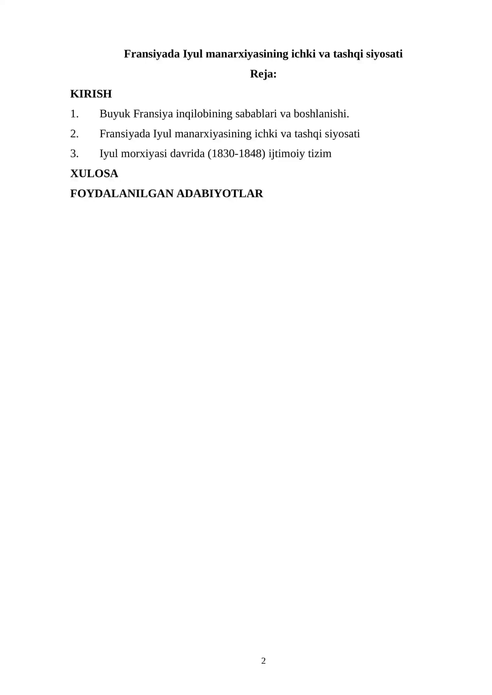 “Fransiyada Iyul manarxiyasining ichki va tashqi siyosati” mavzusidagi MUSTAQIL TA’LIMI 2