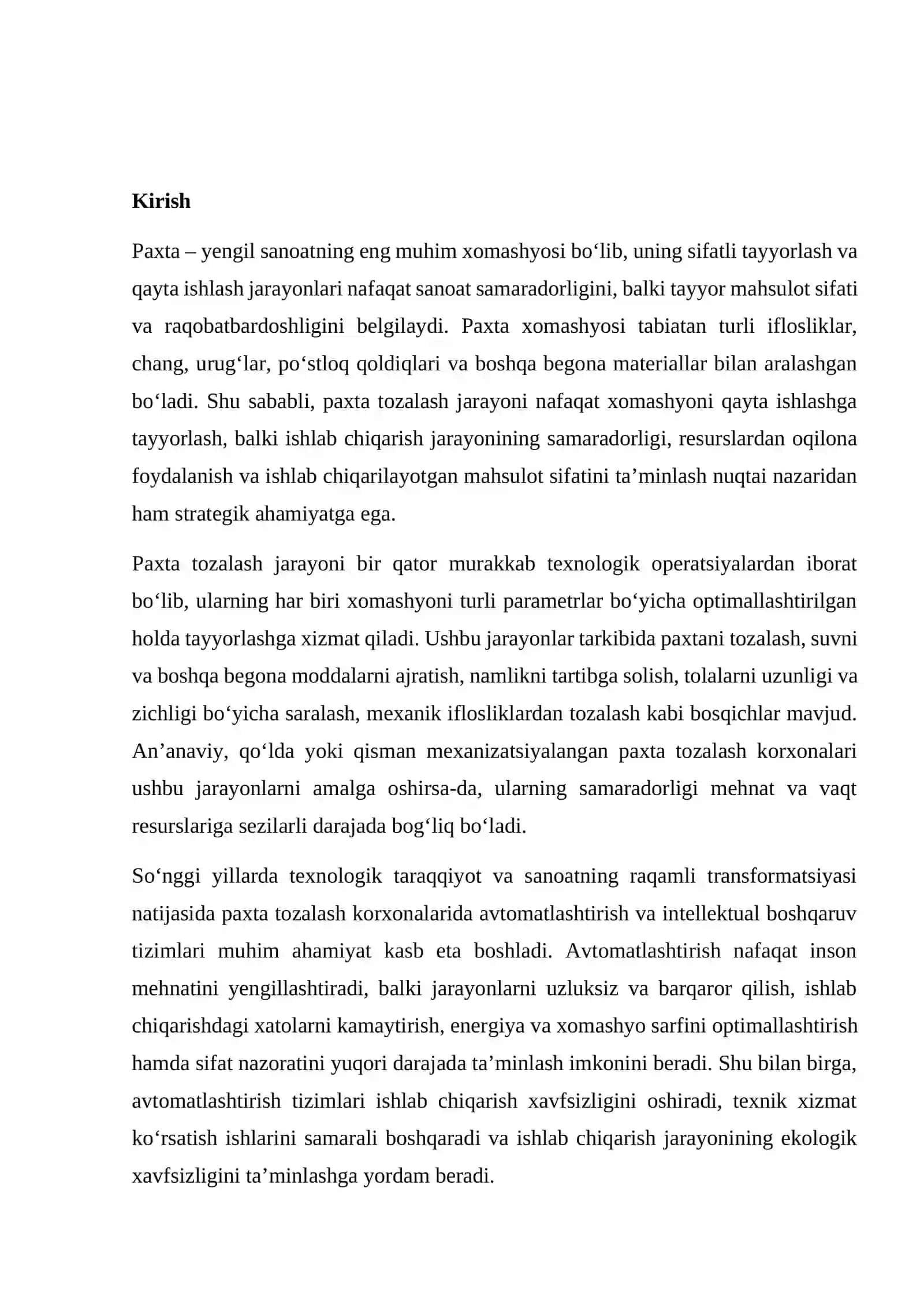 Paxta tozalash korxonalari texnologik mashinalarining avtomatlashtirish 2