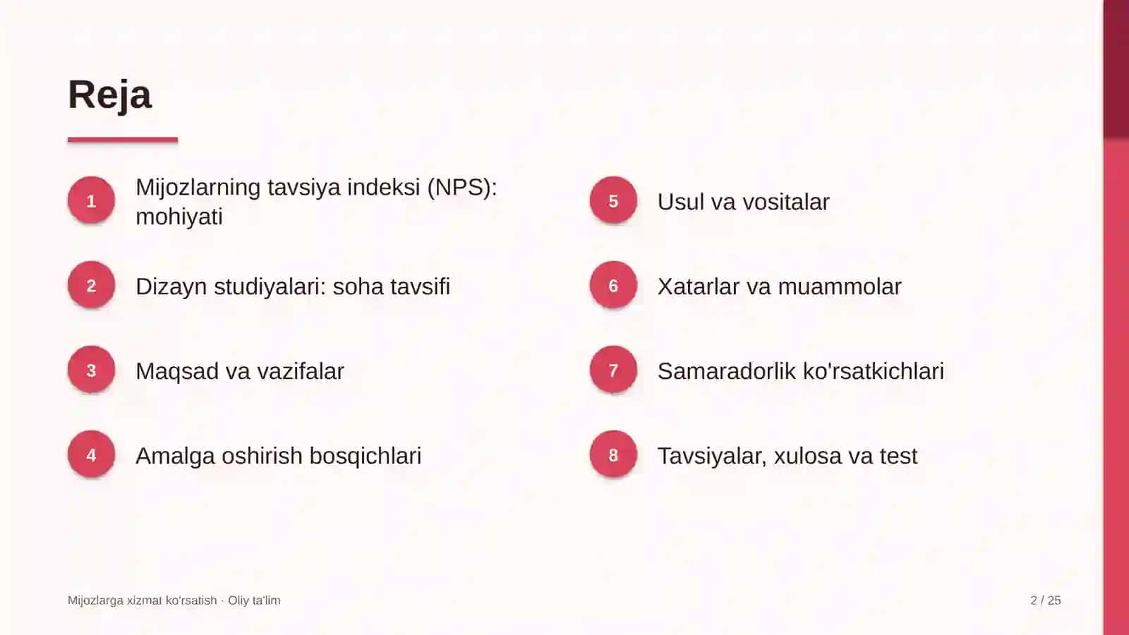 Mijozlarga xizmat ko'rsatish · Oliy ta'lim 2