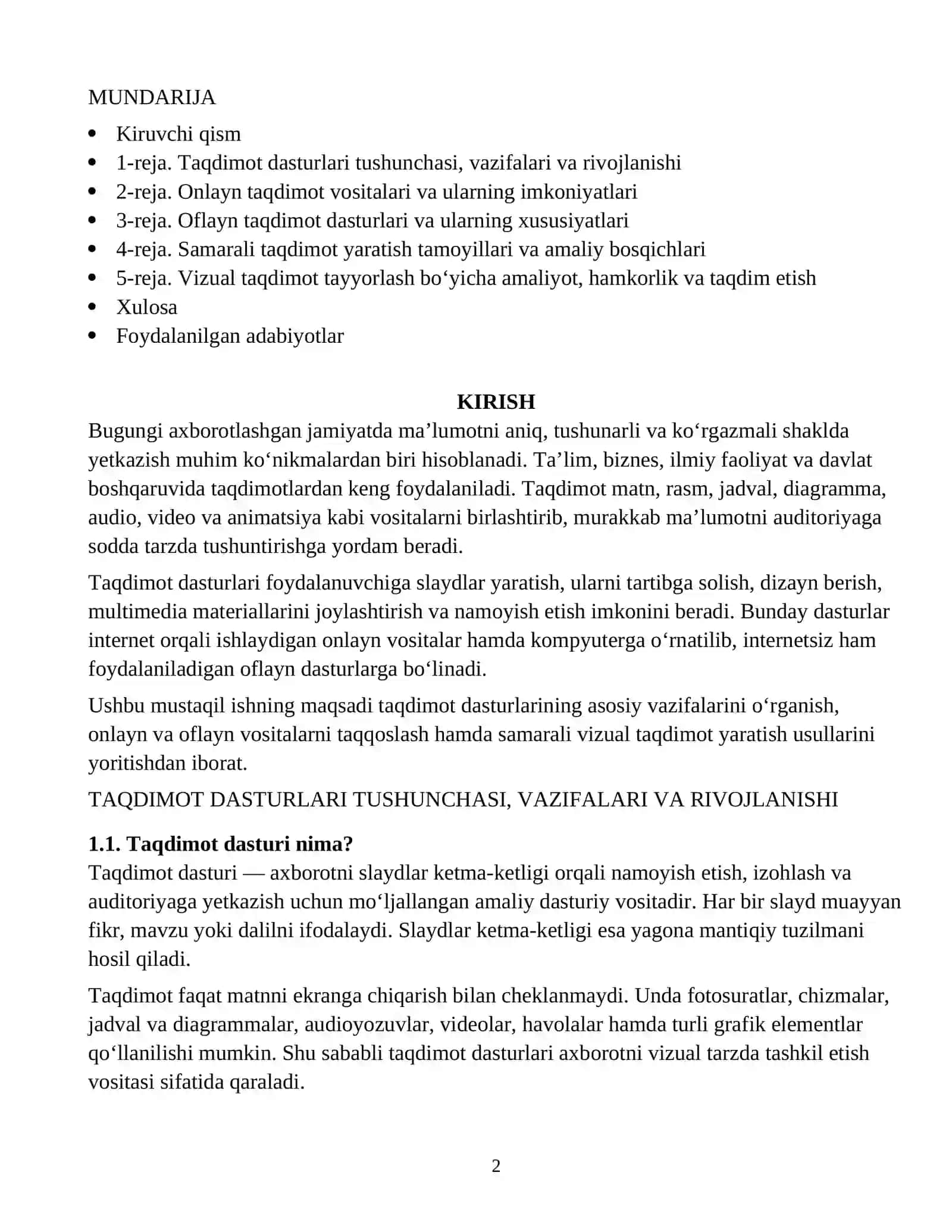 : TAQDIMOT DASTURLARI (PRESENTATION SOFTWARE): ONLAYN VA OFLAYN VOSITALAR YORDAMIDA TAQDIMOTLAR YARATISH 2