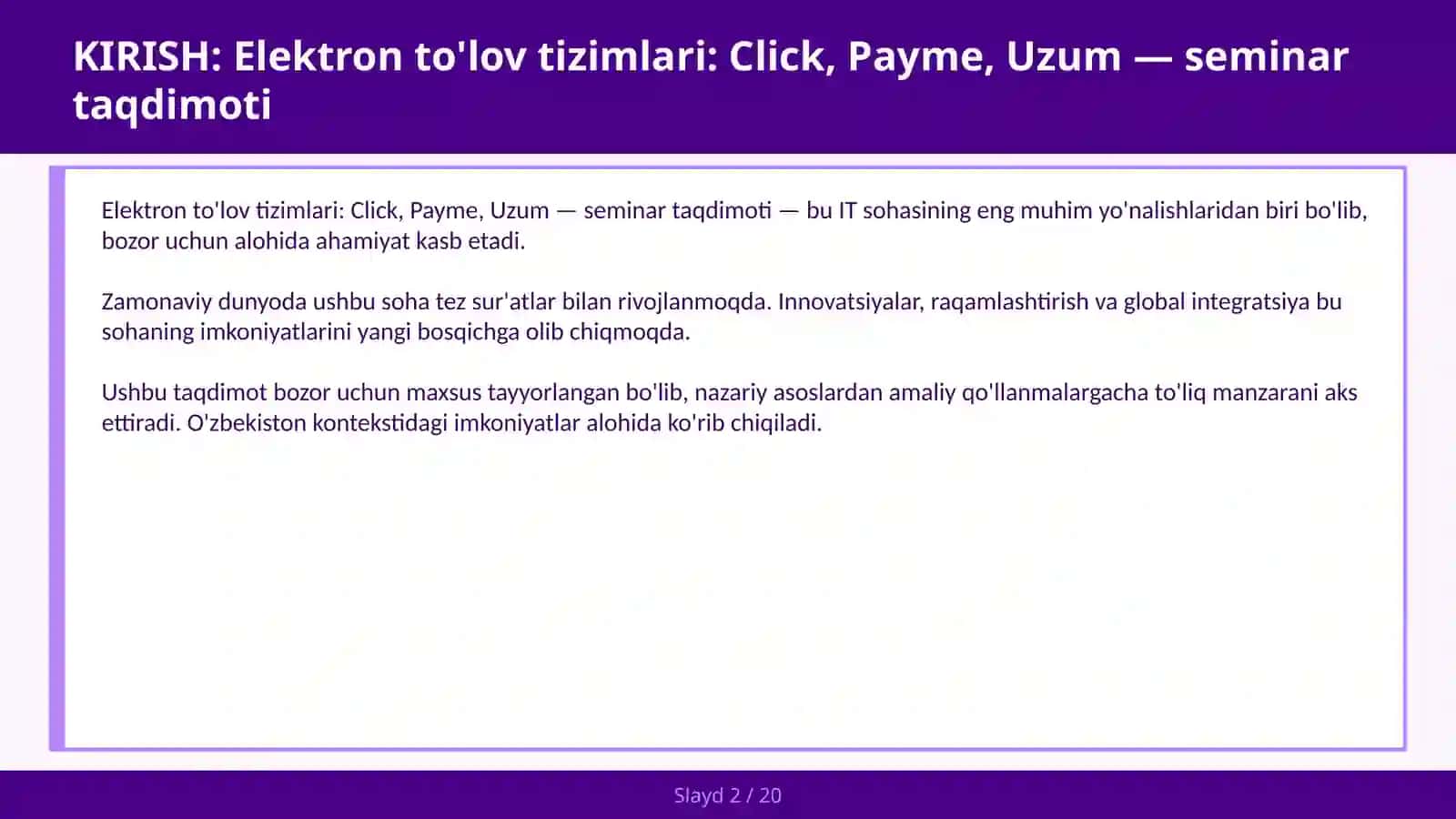 Elektron to'lov tizimlari: Click, Payme, Uzum — seminar taqdimoti 2