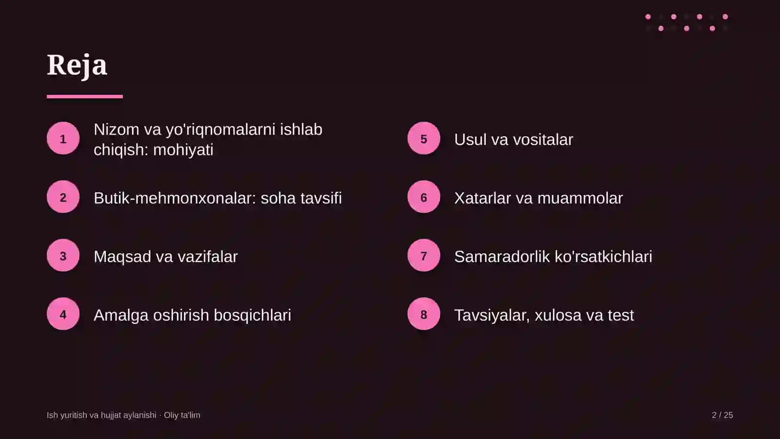 Butik-mehmonxonalarda tashkilot nizomlari va yo'riqnomalarini ishlab chiqish 2