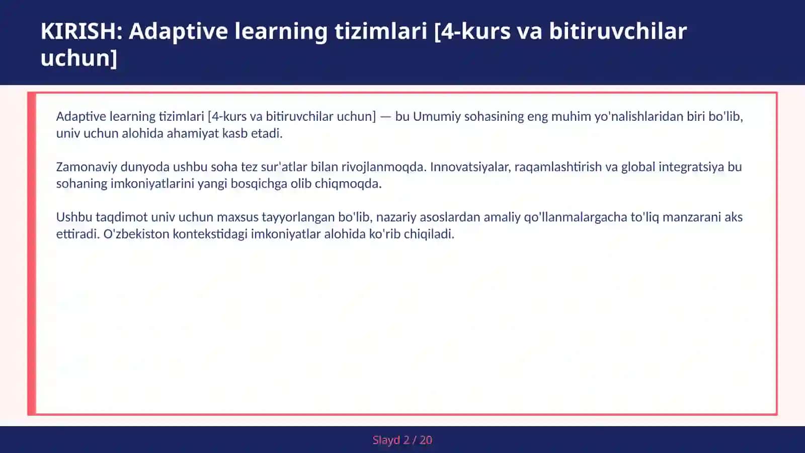Adaptive learning tizimlari [4-kurs va bitiruvchilar uchun] 2
