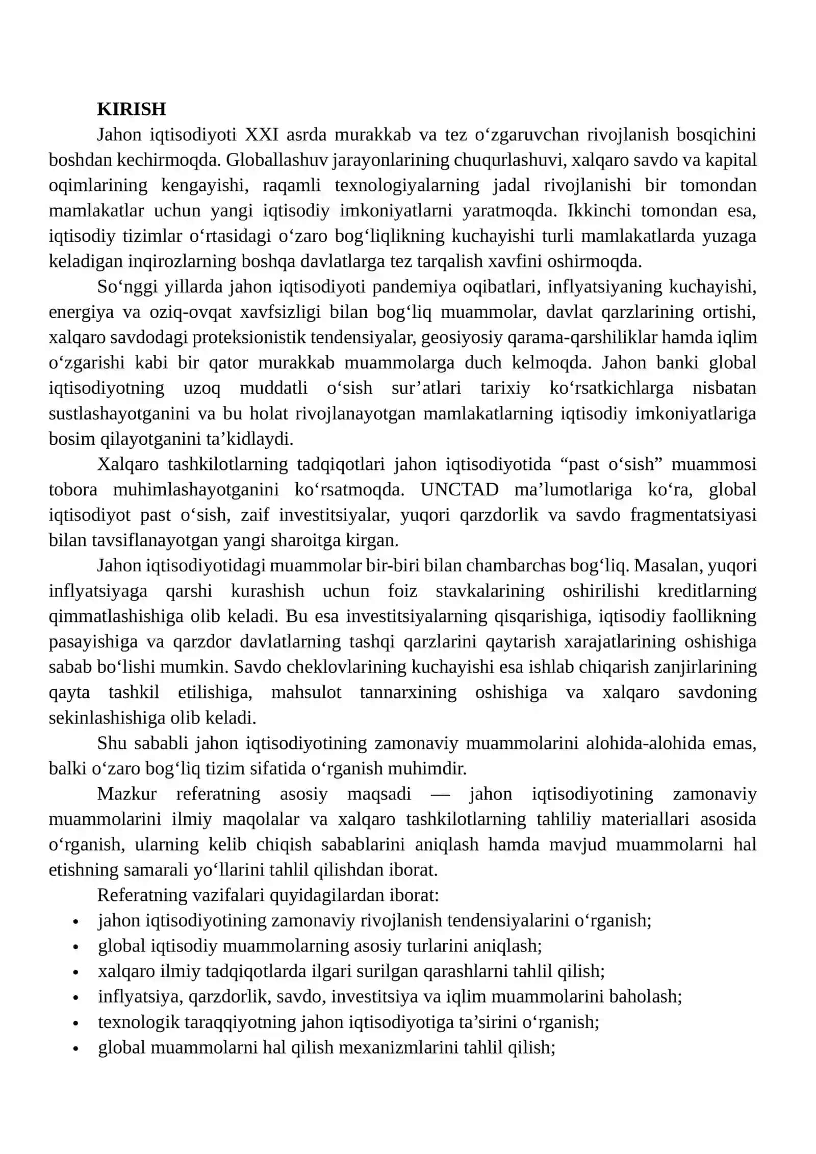 Jahon iqtisodiyotining zamonaviy muammolari va ularni hal etish yo'llari bo'yicha ilmiy maqolalarni tahlil qilish 2