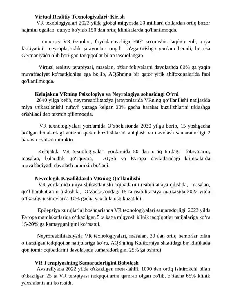 Virtual reallik texnologiyalari psixologik va nevrologik muammolarni davolashda 2