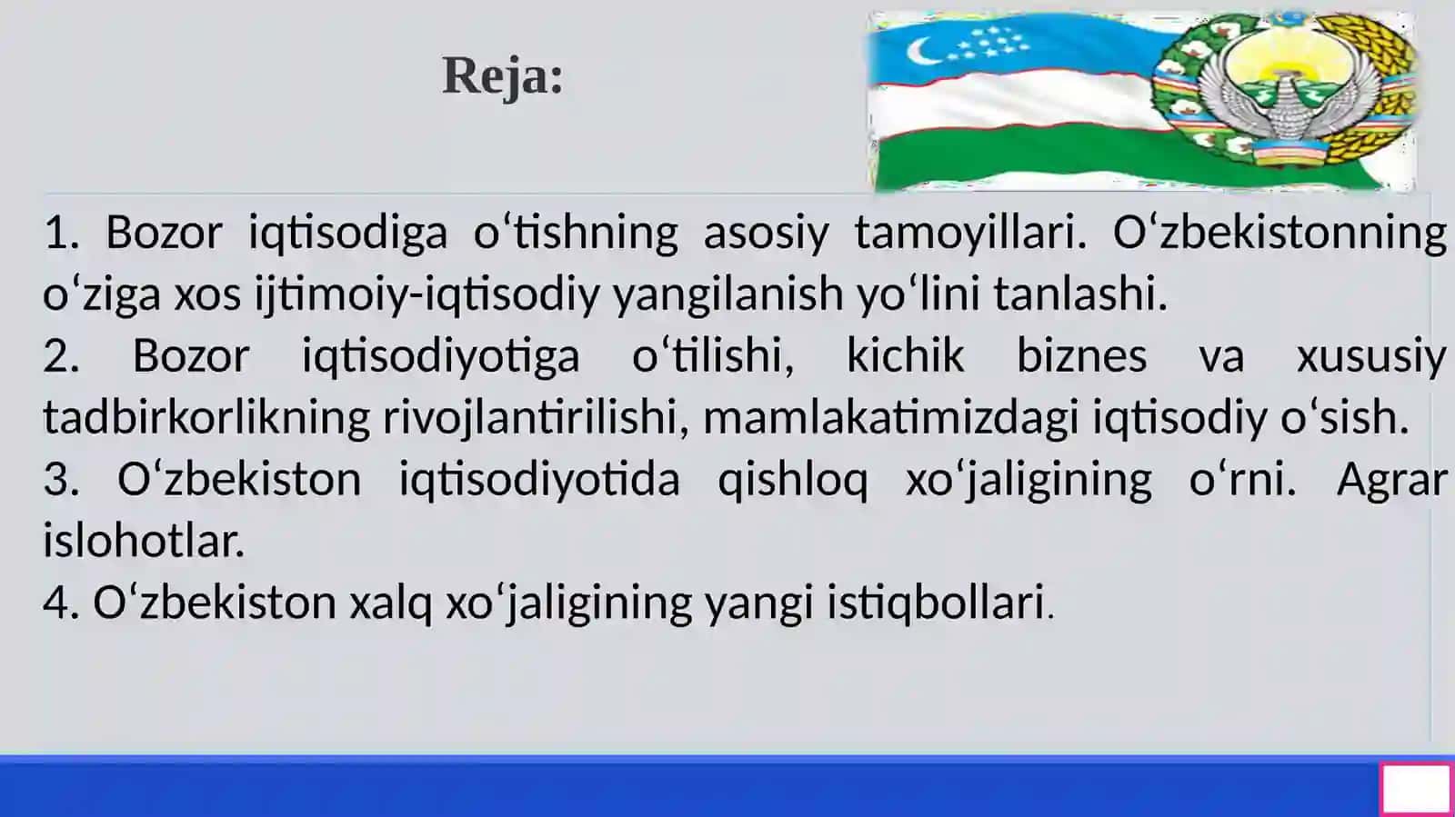 Iqtisodiy islohotlar, xususiy mulkchilikning shakllanishi. O‘zbekistonda bozor munosabatlarining rivojlanishi 2