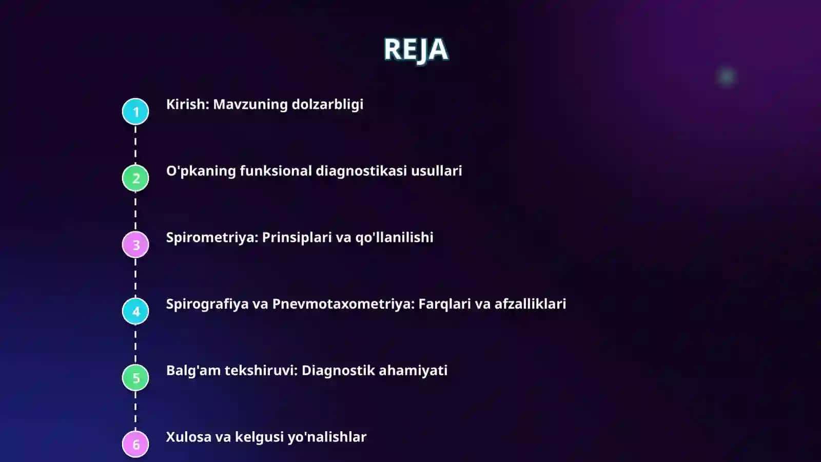 O'pkaning funksional tekshirish usullari : spirometriya, spirografiya, pnevmotaxometriya.Balg'amni tekshirish. 2