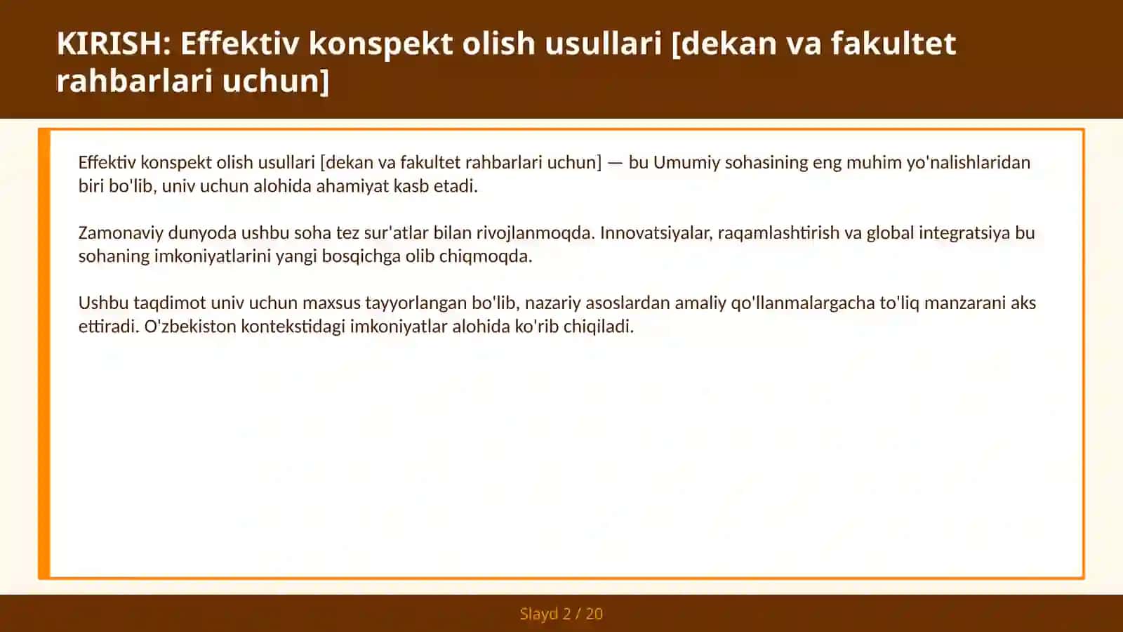Effektiv konspekt olish usullari [dekan va fakultet rahbarlari uchun] 2