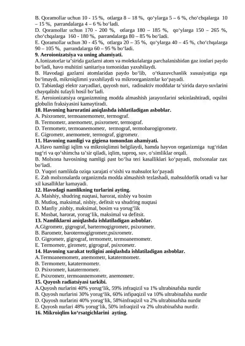 Zoogigiyena va chorvachilik binolarini loyihalash fanidan oraliq nazorat uchun test 2