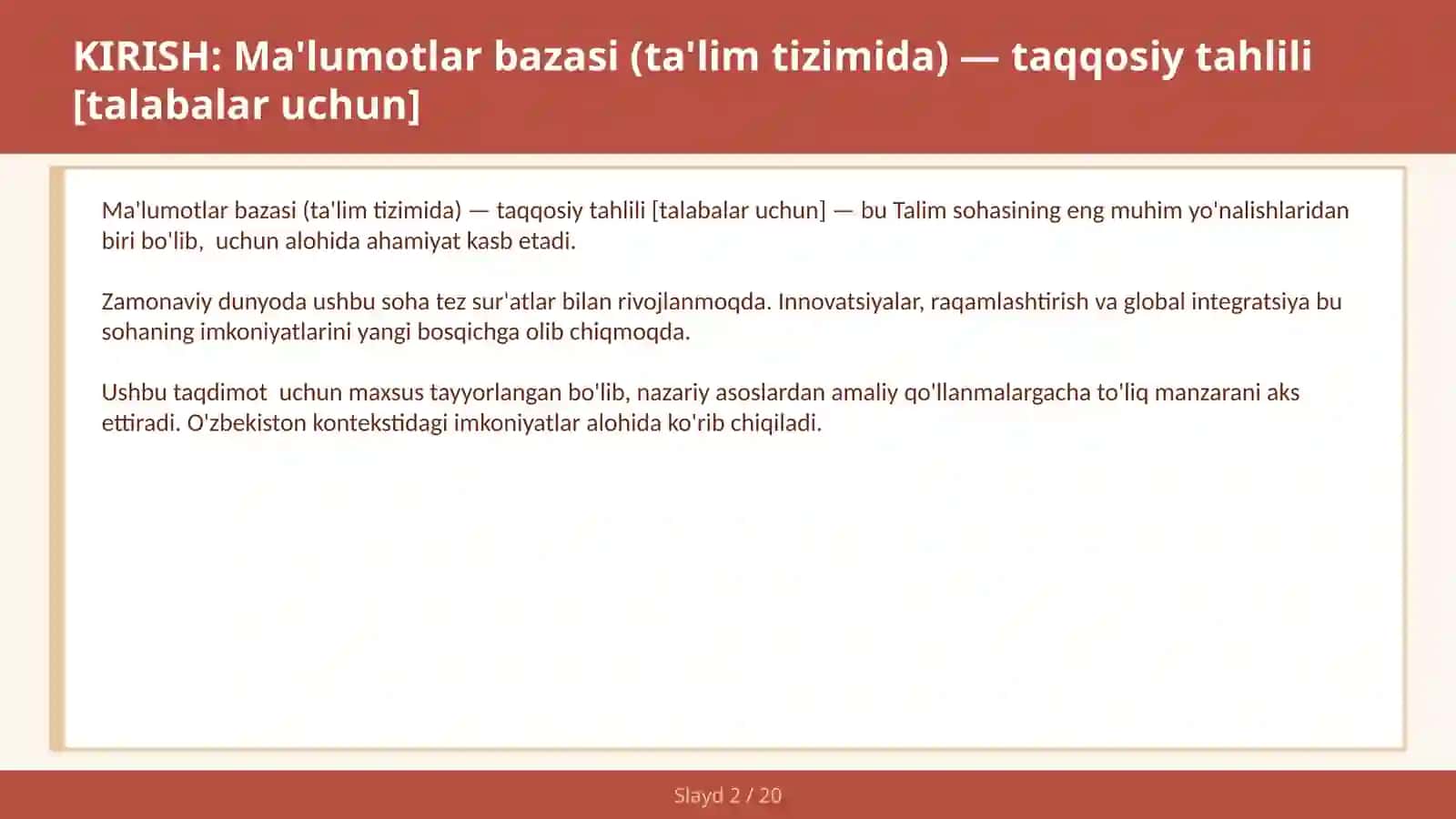 Ma'lumotlar bazasi (ta'lim tizimida) — taqqosiy tahlili [talabalar uchun] 2