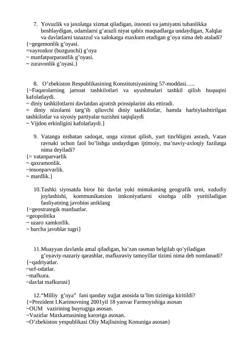 milliy istiqlol g'oyasi testlar 2