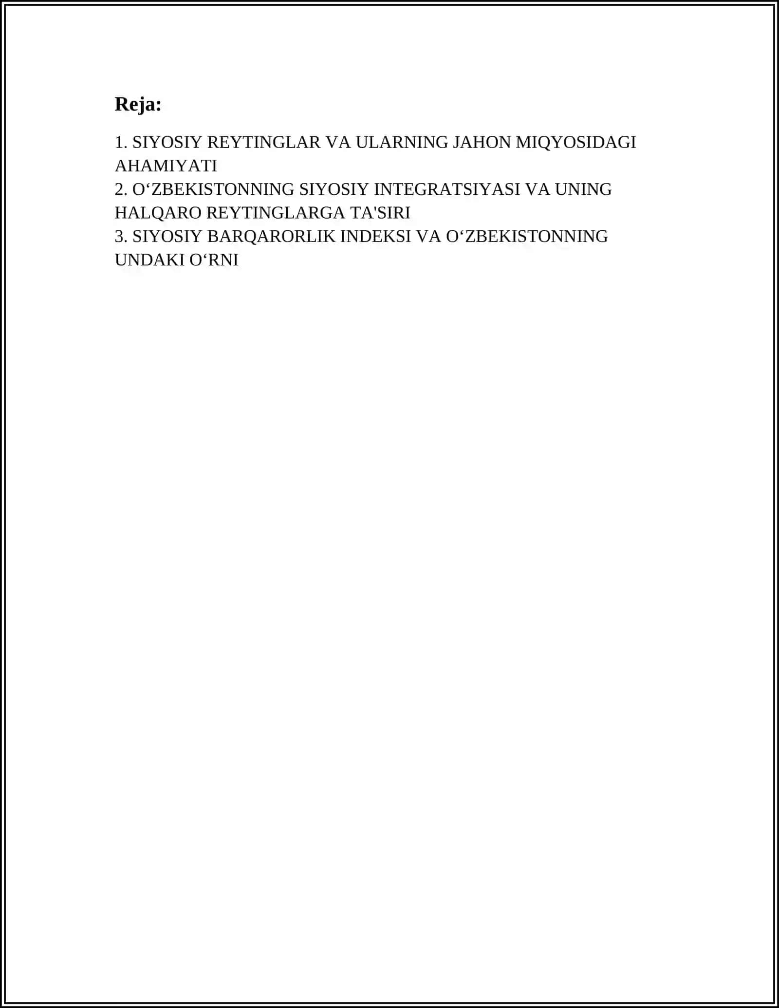 SIYOSIY-HUQUQIY SOHADAGI USTUVOR HALQARO REYTINGLAR VA ULARGA O‘ZBEKISTONNING INTEGRATSIYALASHUVI 2