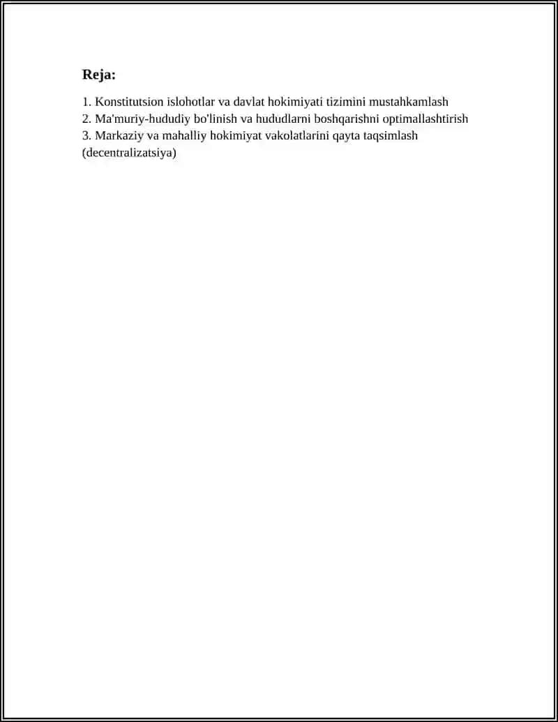 MUSTAQILLIK YILLARIDA MAMLAKAT BOSHQARISH SISTEMASIDA AMALGA OSHIRILGAN ISLOHOTLAR 2