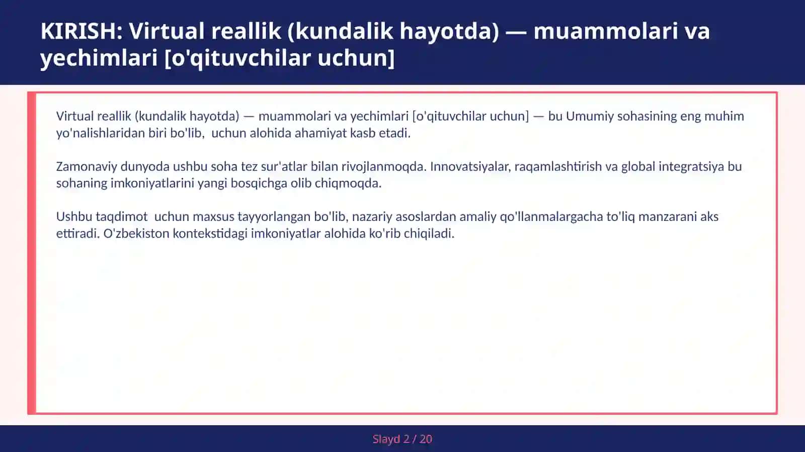 Virtual reallik (kundalik hayotda) — muammolari va yechimlari [o'qituvchilar uchun] 2