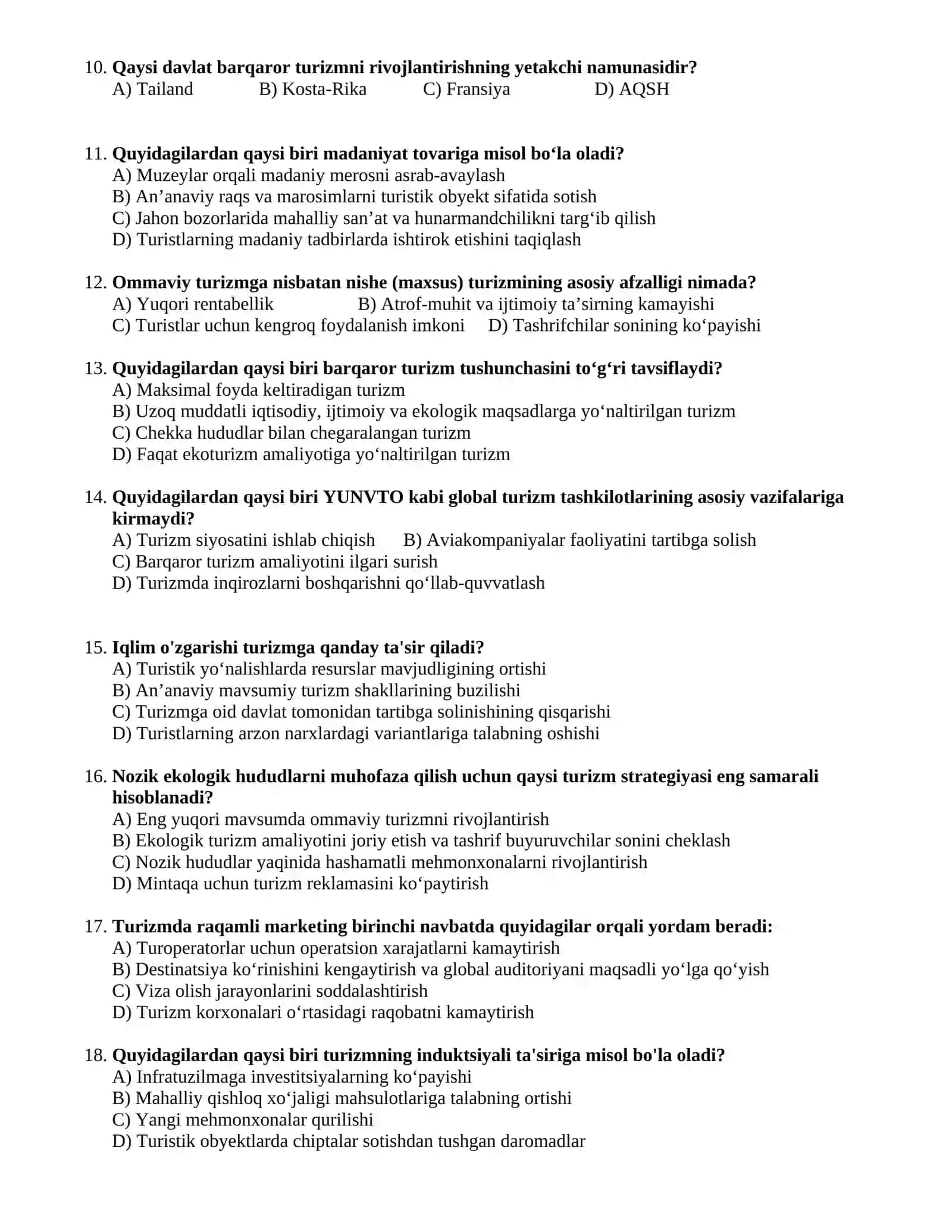 Xalqaro Turizm Fanidan Oraliq Nazorat Savollari 2