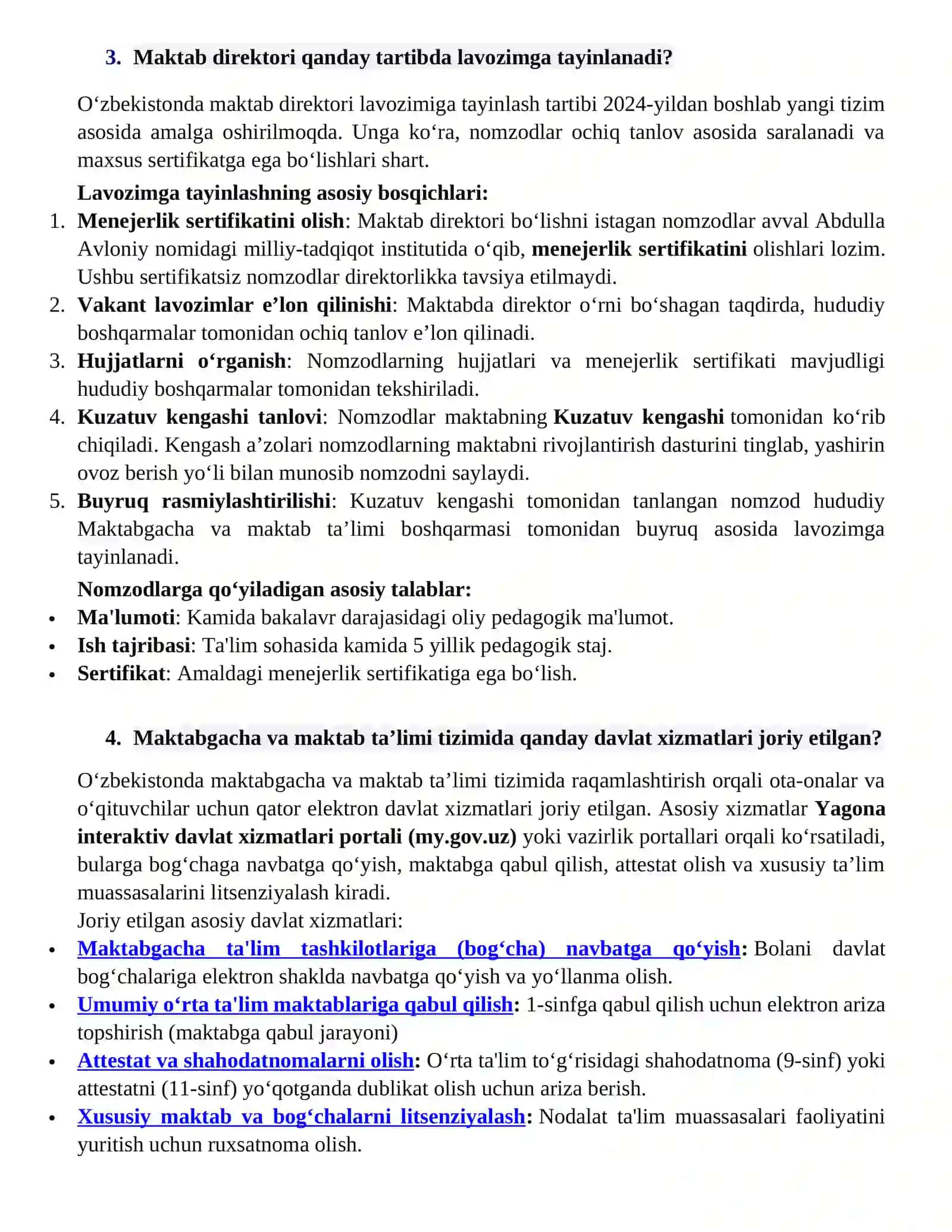 Maktabgacha va maktab ta'lim vazirligiga ishga kirish uchun o'tkaziladigan suhbat savollari 2