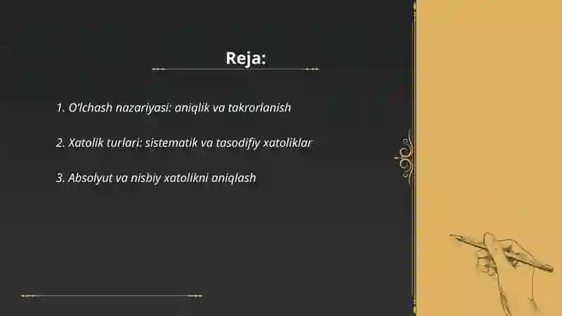 Fizik parametrlarni oʻlchashda yoʻl qoʻyiladigan xatoliklarni hisoblash nazariyasi. Fizik kattaliklarning birliklari. Stangensirkul, mikrometr va tarozida oʻlchashni oʻrganish 2
