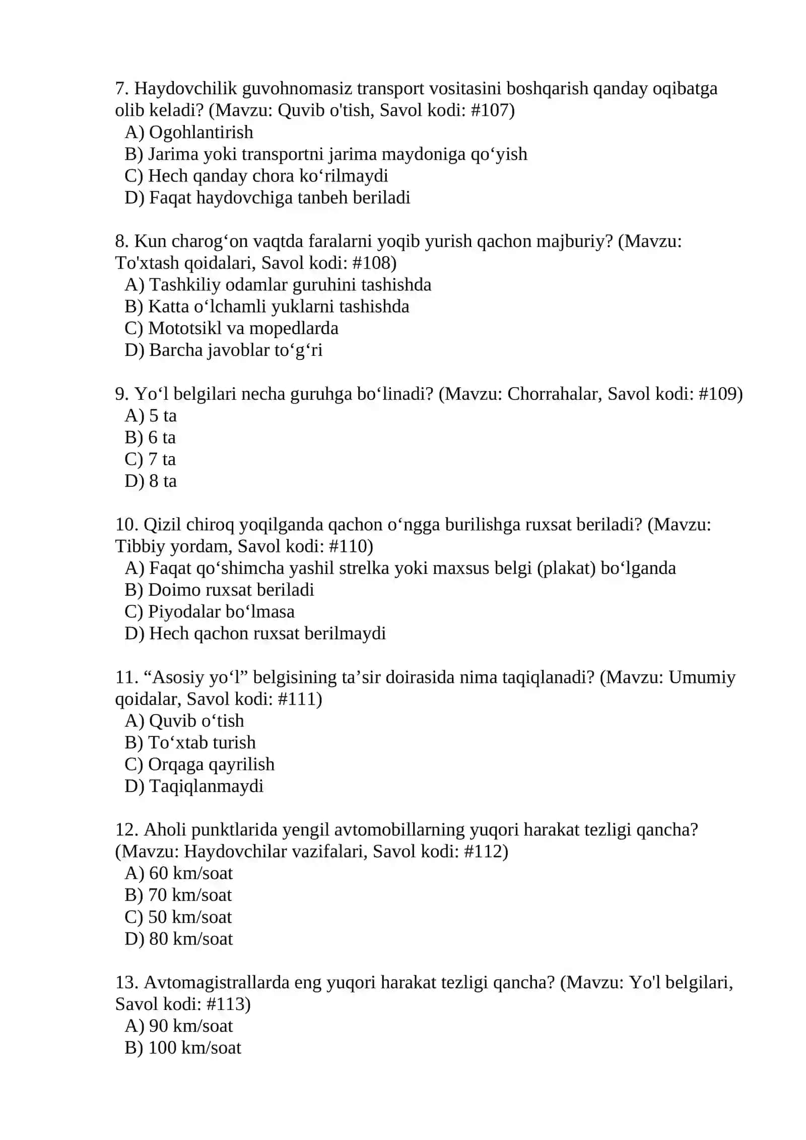 PRAVA TEST( YO'L HARAKATI QOIDALARI (YHQ) BO'YICHA IMTIHON TESTLARI) 2