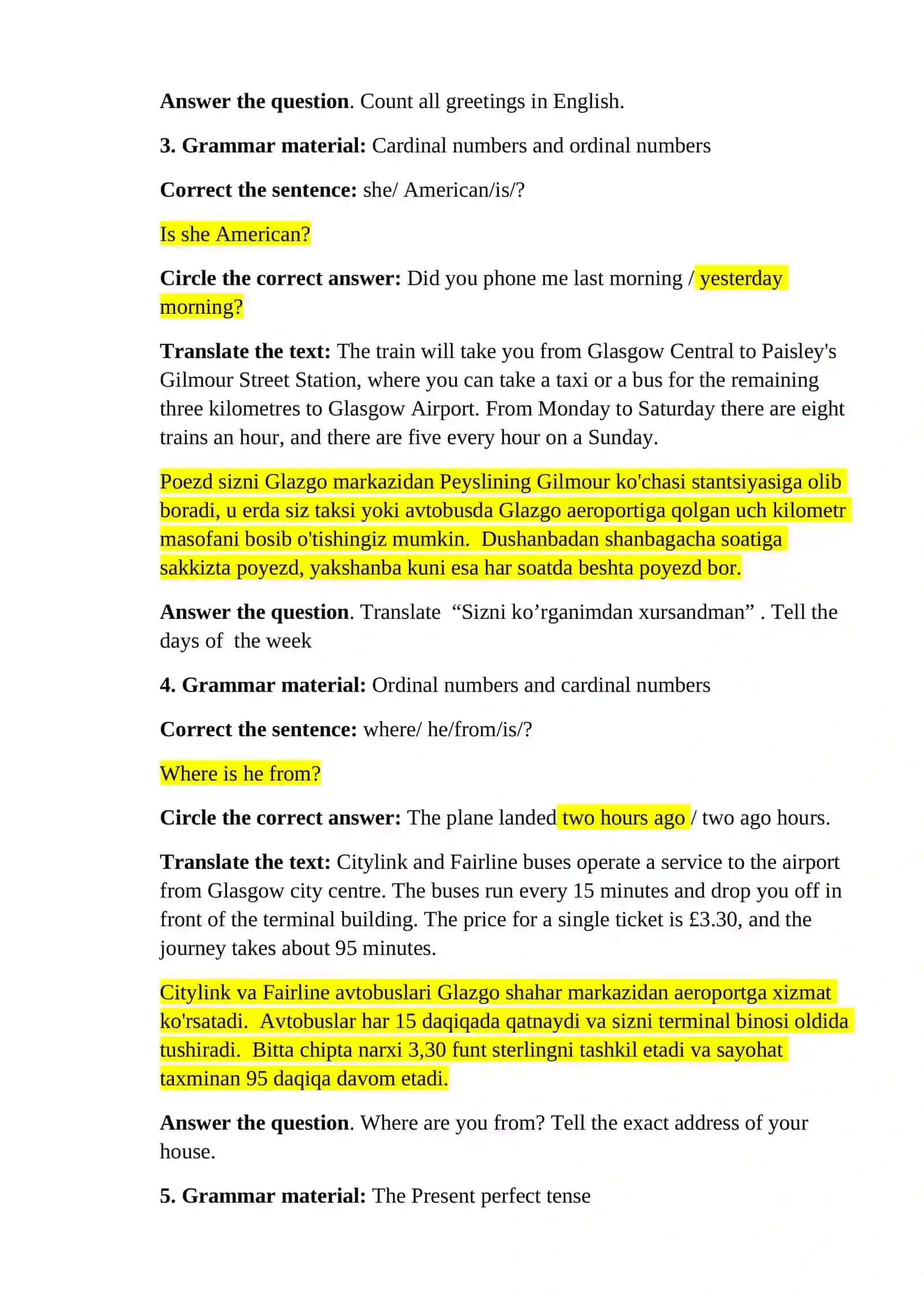Final exam questions of 1st year students in English for 3rd semester 2