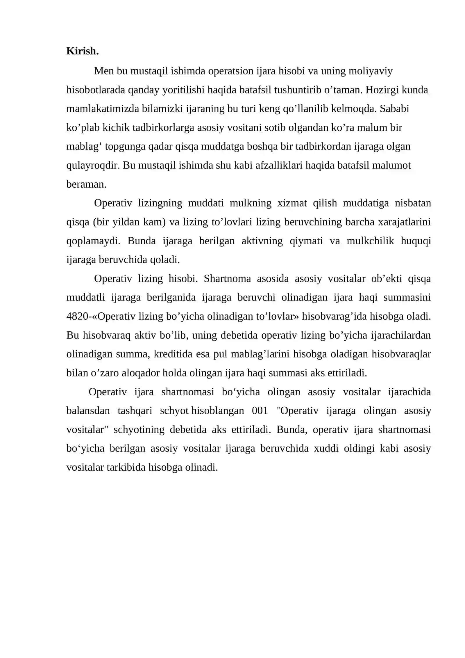 Operativ ijara hisobi va uning moliyaviy hisobotlarda yoritilishi 2