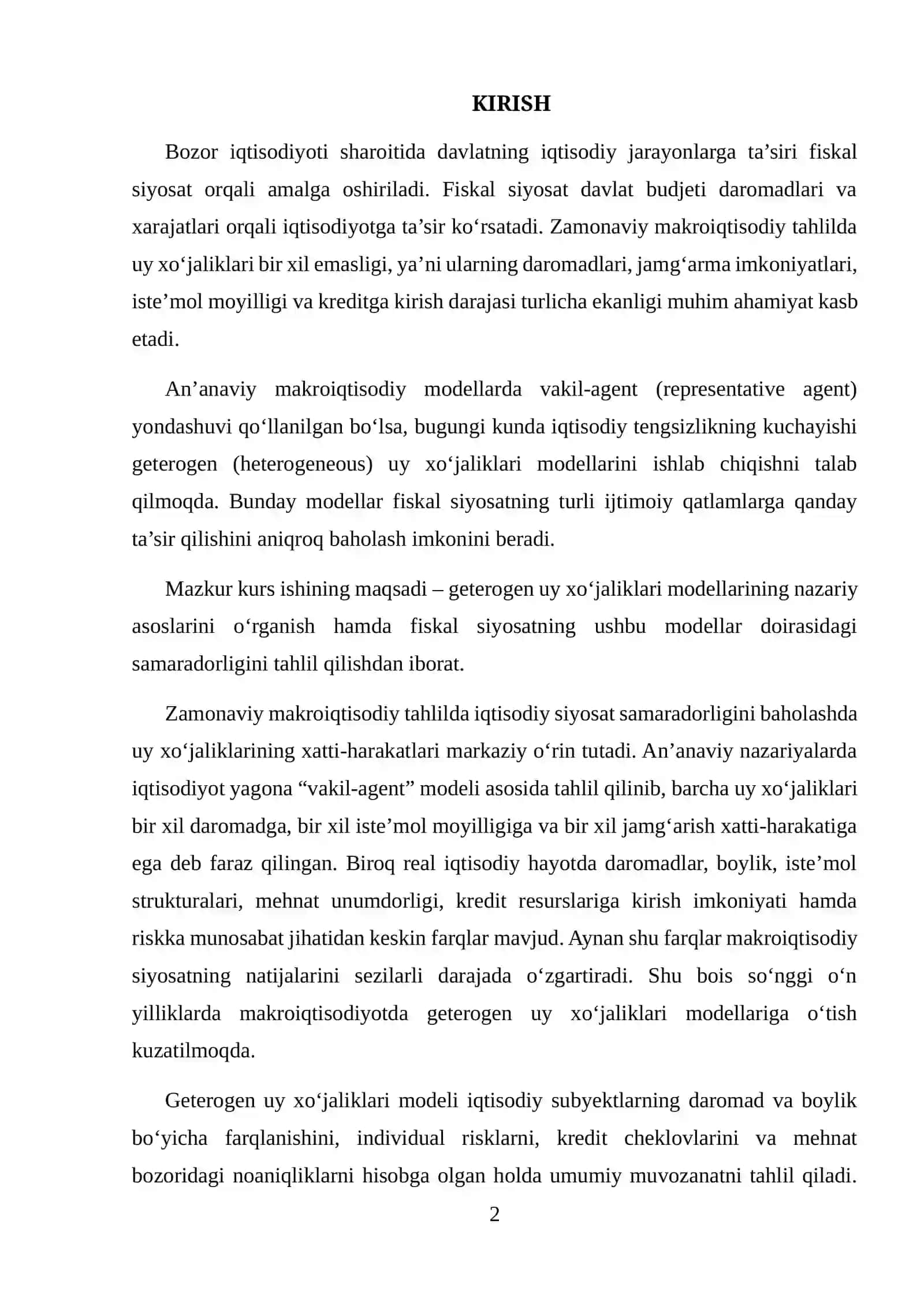 HETEROGEN UY XO‘JALIKLARI MODELLARI VA FISKAL SIYOSAT EFFEKTI 2