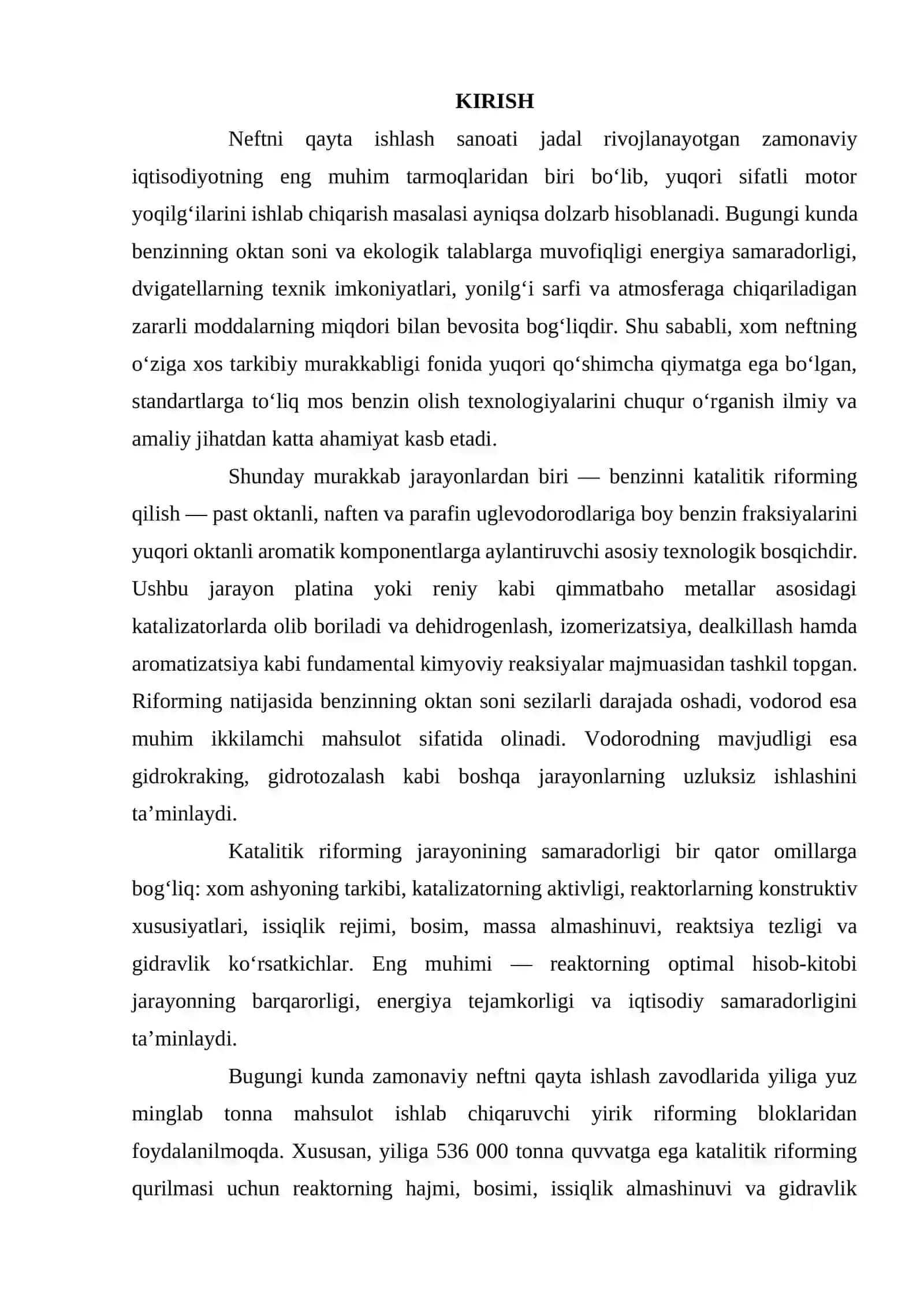 Benzinni katalitik riforming qilish jarayonida reaktorni hisobi 536000t/yil kurs loyiha hisobini 2