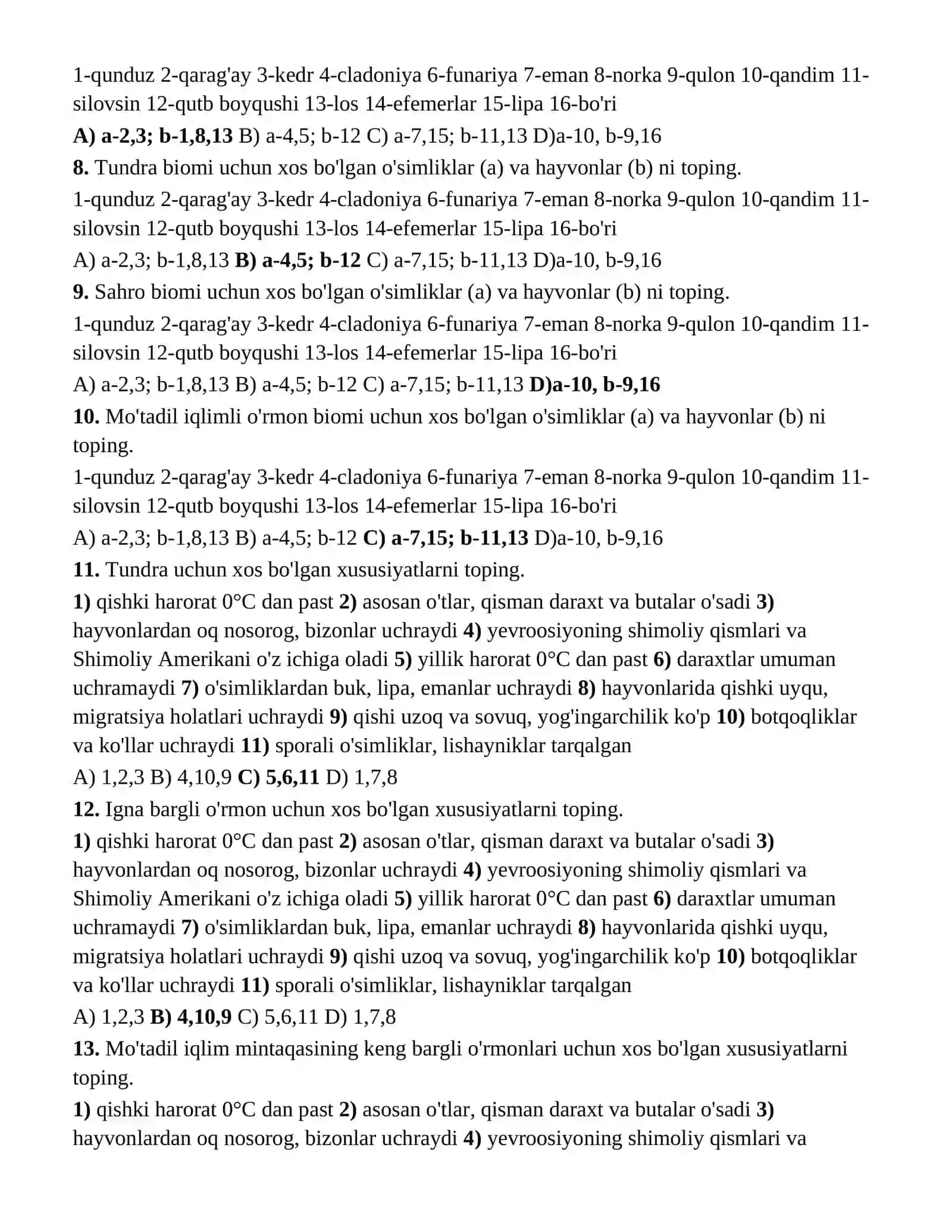11-sinf biologiya testlari to'liq savollar-javoblar 2