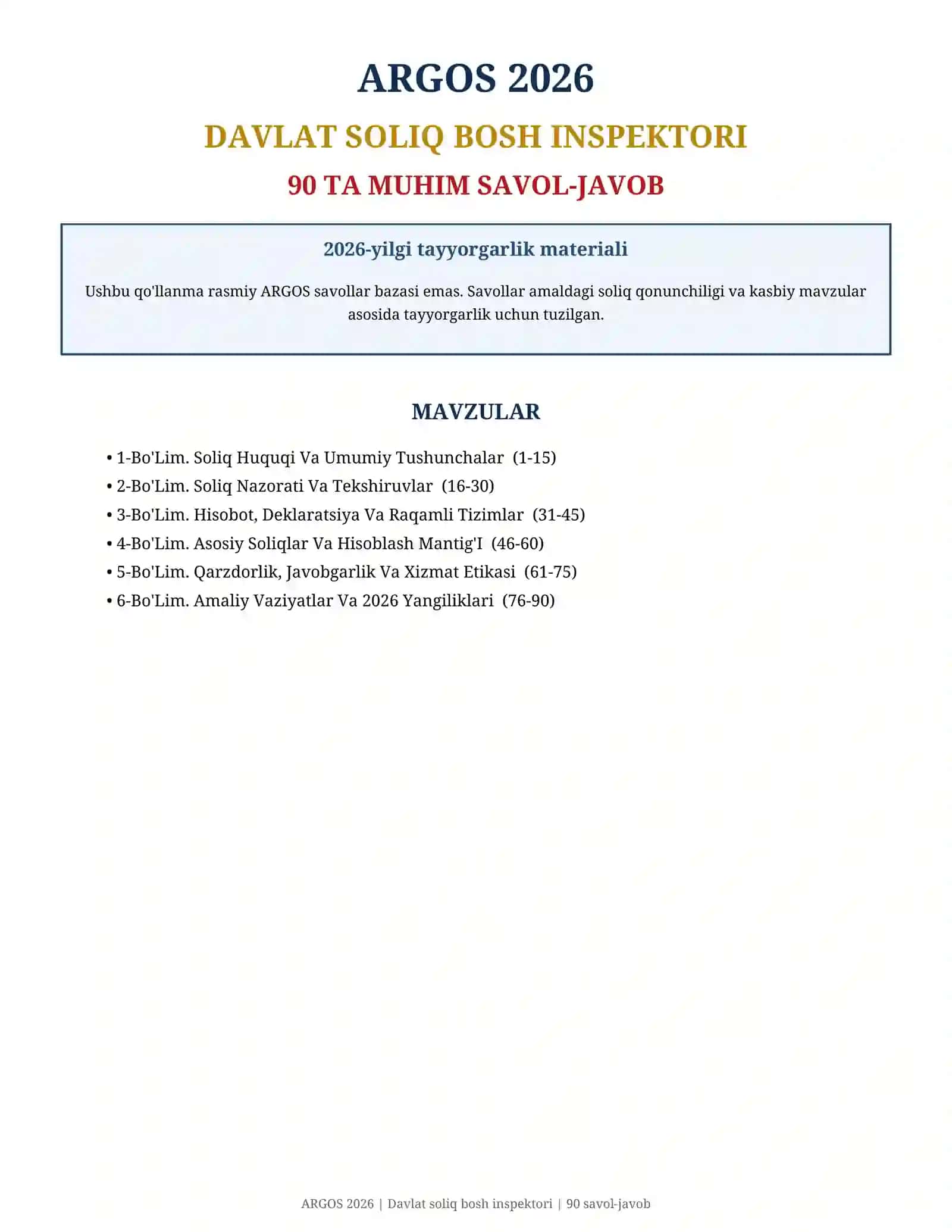 ARGOS 2026 | Davlat Soliq Bosh Inspektori | 90 ta savol-javob 2