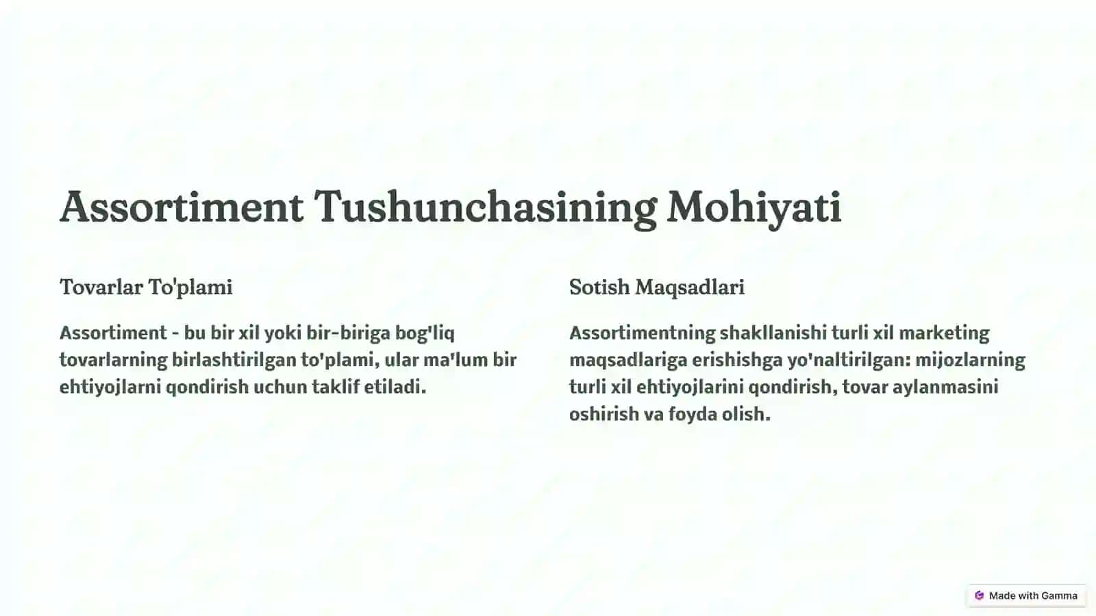 Assortiment Tushunchasi va Tasniflash 2