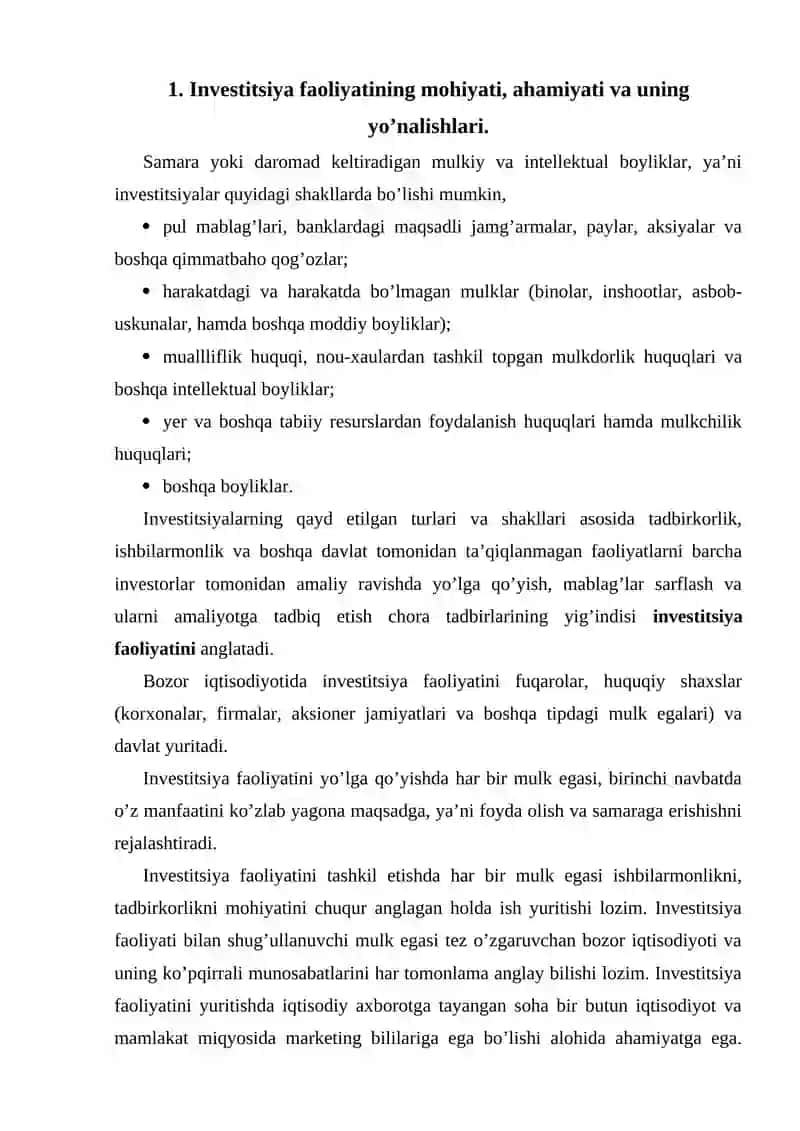 Investitsiya faoliyatini moliyalashtirish  manbalari va usullari 2