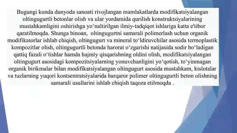 Mahalliy xomashyolar asosida modifikatsiyalangan oltingugurtli beton olish 2