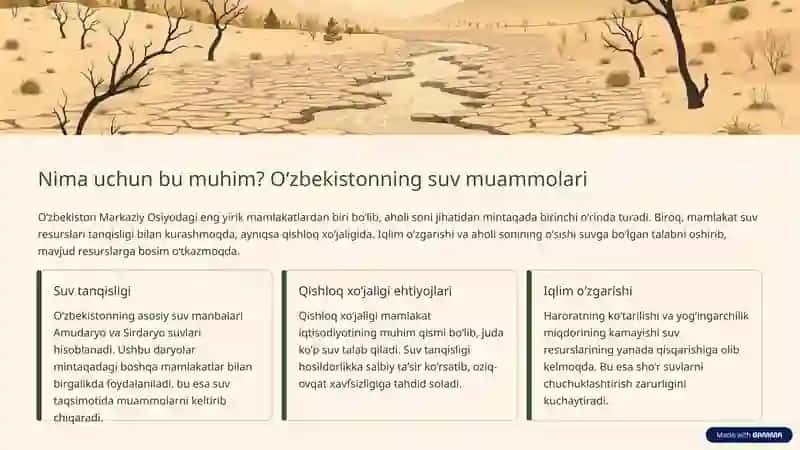Oʻzbekistonda suv muammolari va ularni chuchuklash uchun strategiyalar. 2