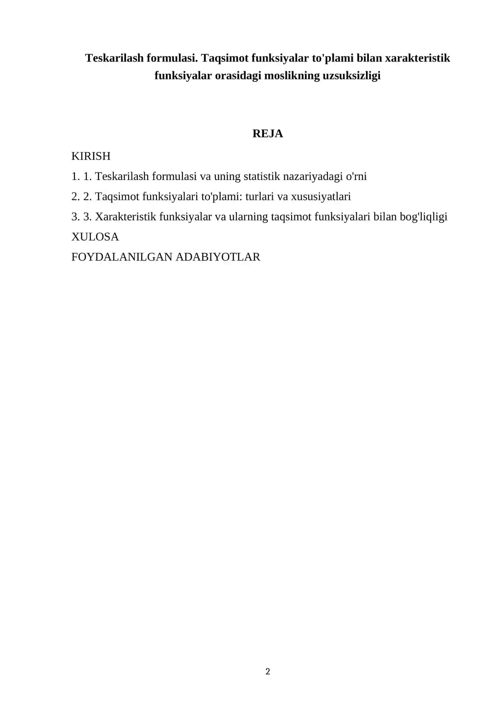 Teskarilash formulasi. Taqsimot funksiyalar to'plami bilan xarakteristik funksiyalar orasidagi moslikning uzsuksizligi 2