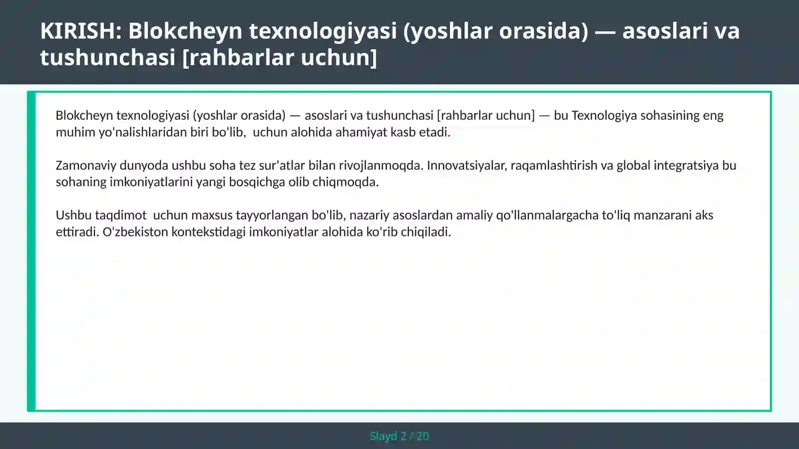 Blokcheyn texnologiyasi (yoshlar orasida) — asoslari va tushunchasi [rahbarlar uchun] 2