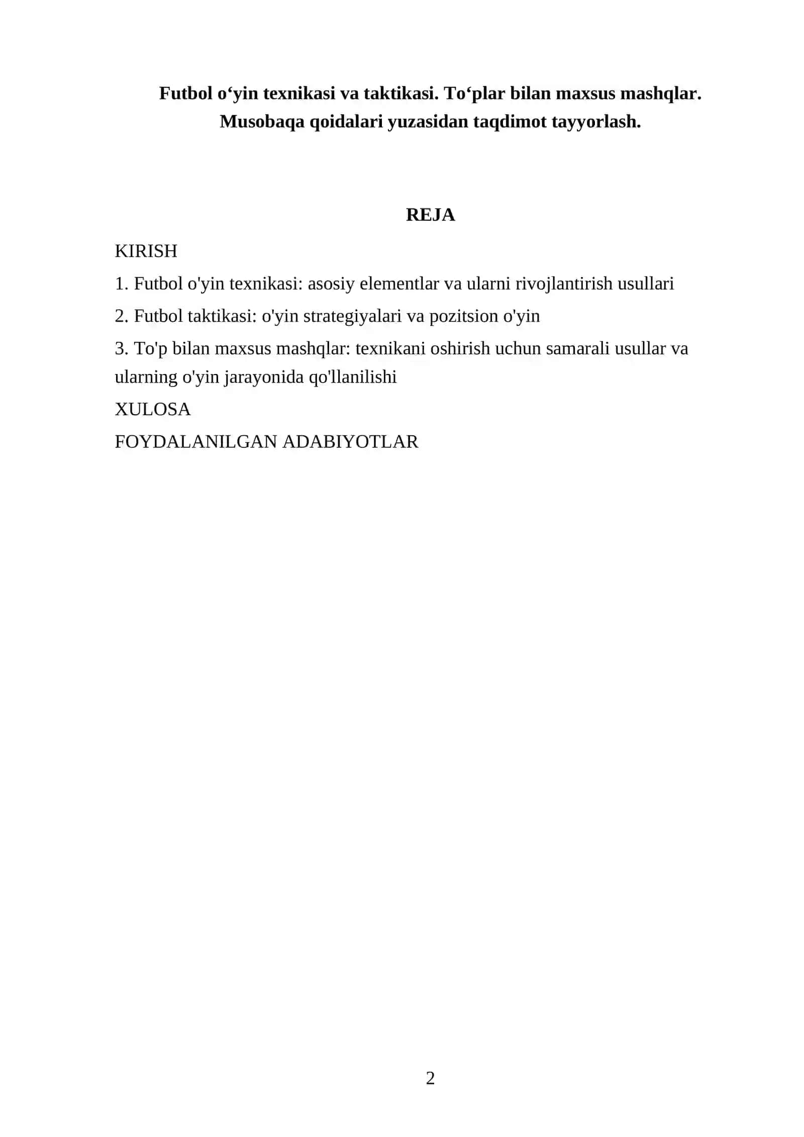 Futbol o‘yin texnikasi va taktikasi. To‘plar bilan maxsus mashqlar. Musobaqa qoidalari yuzasidan taqdimot tayyorlash 2