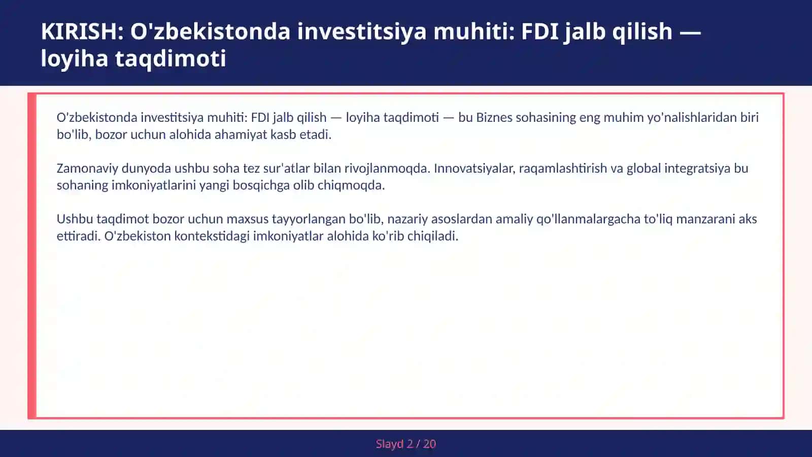 O'zbekistonda Investitsiya Muhiti: FDI Jalb Qilish - Loyiha Taqdimoti 2